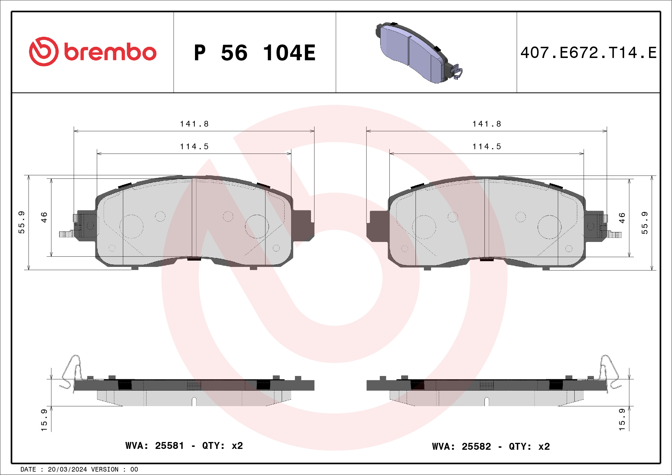 Brake Pad Set, disc brake - P 56 104E BREMBO
