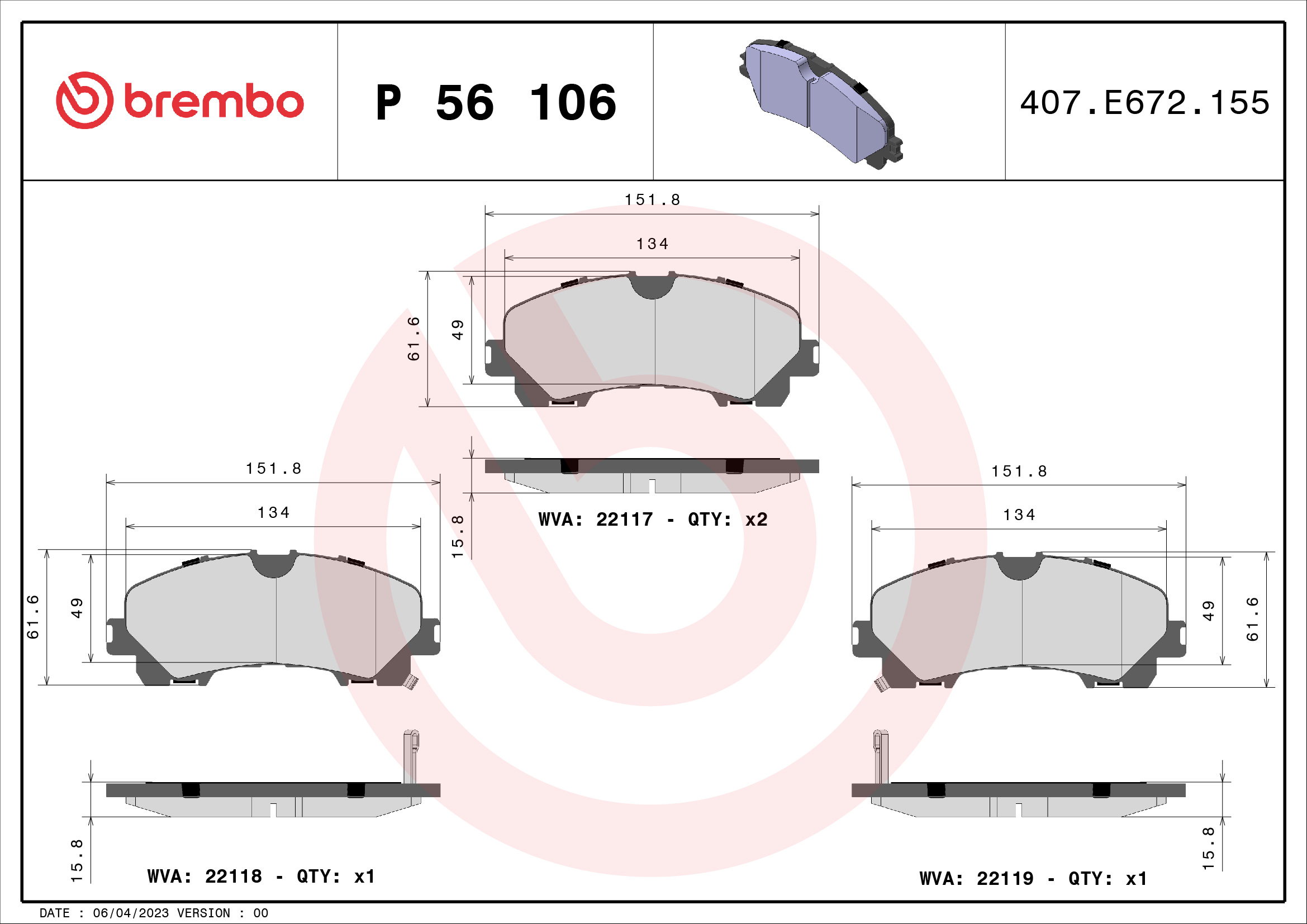 stabdžių trinkelių rinkinys, diskinis stabdys - P 56 106 BREMBO