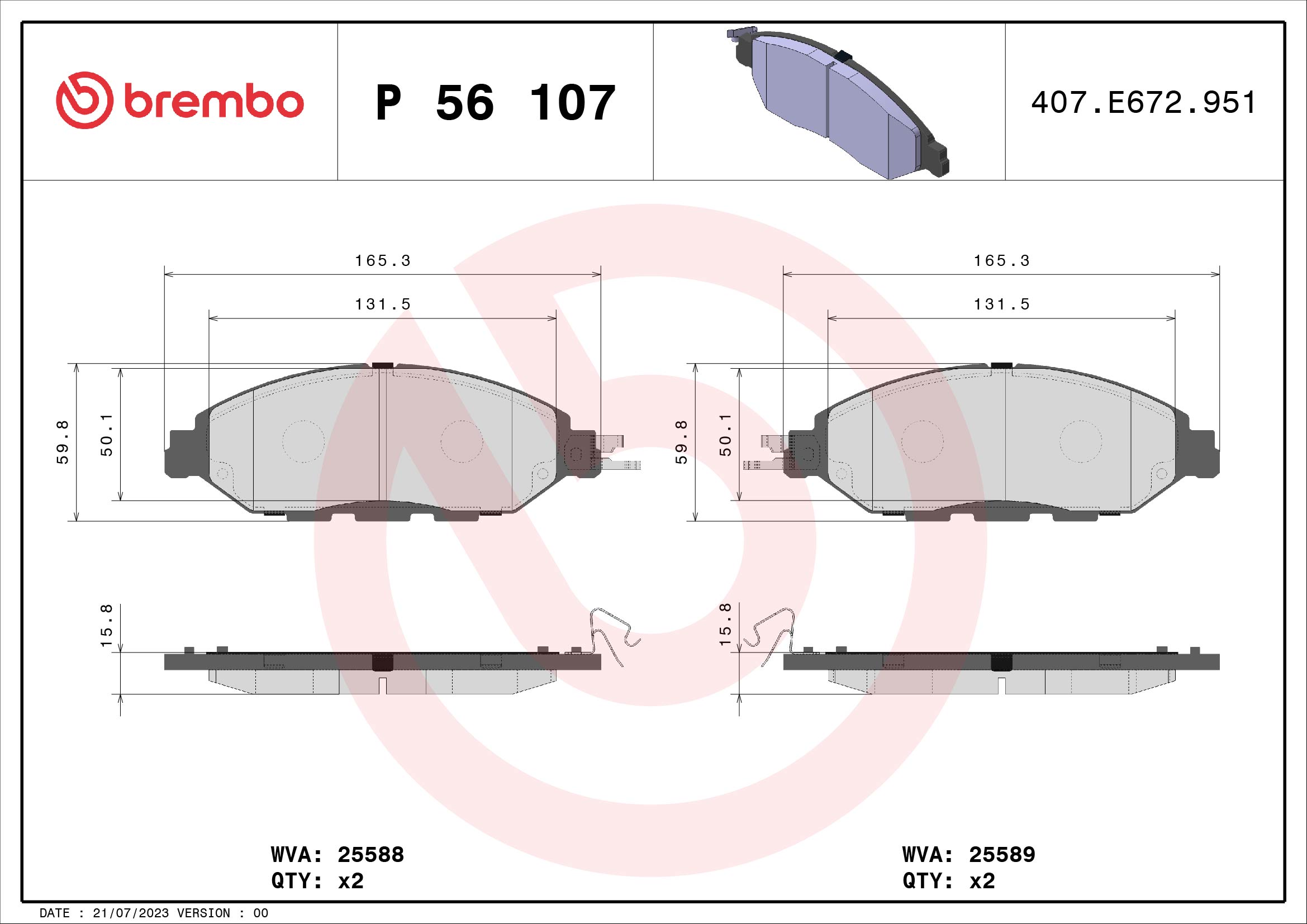 Brake Pad Set, disc brake - P 56 107 BREMBO