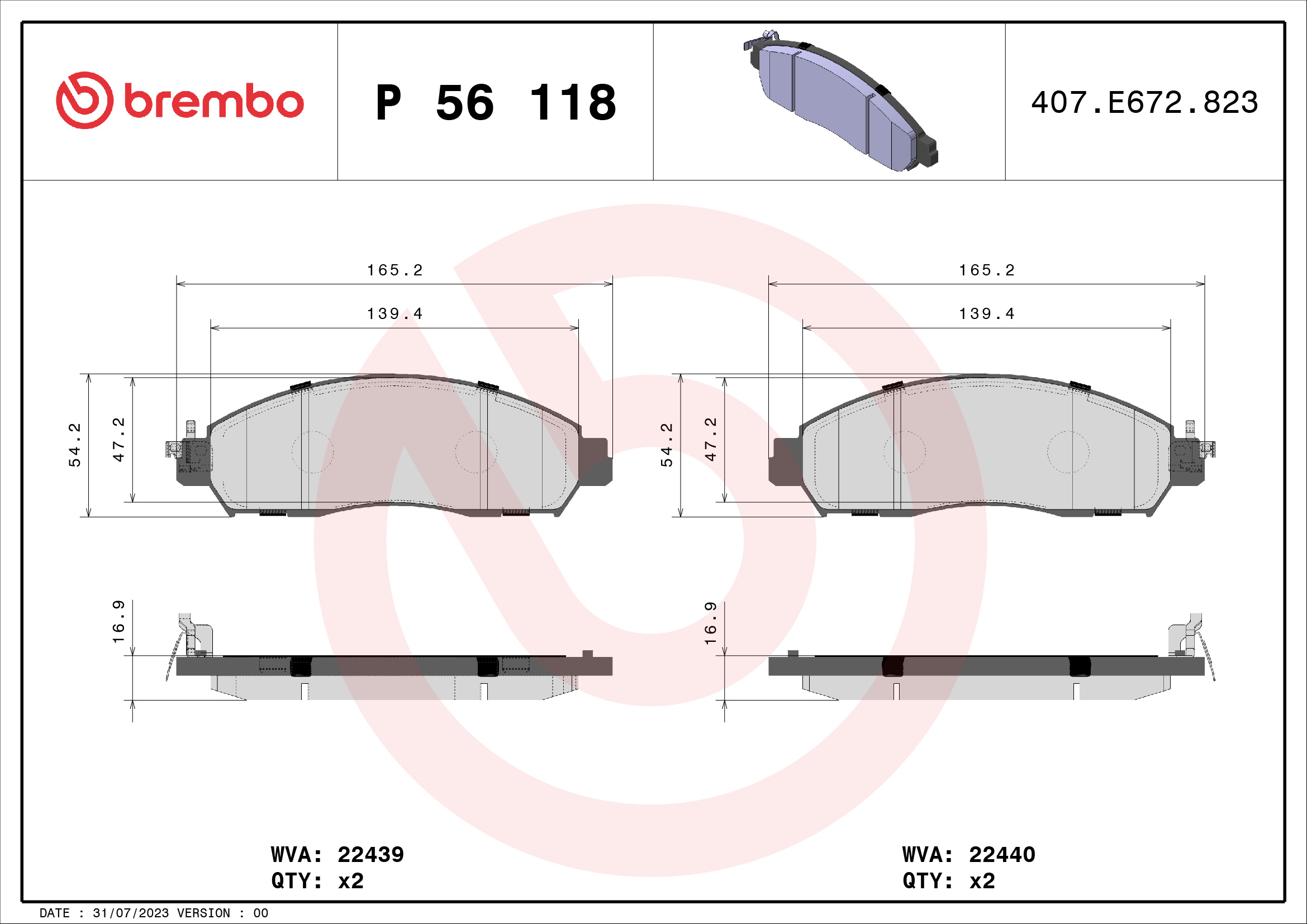 stabdžių trinkelių rinkinys, diskinis stabdys - P 56 118 BREMBO