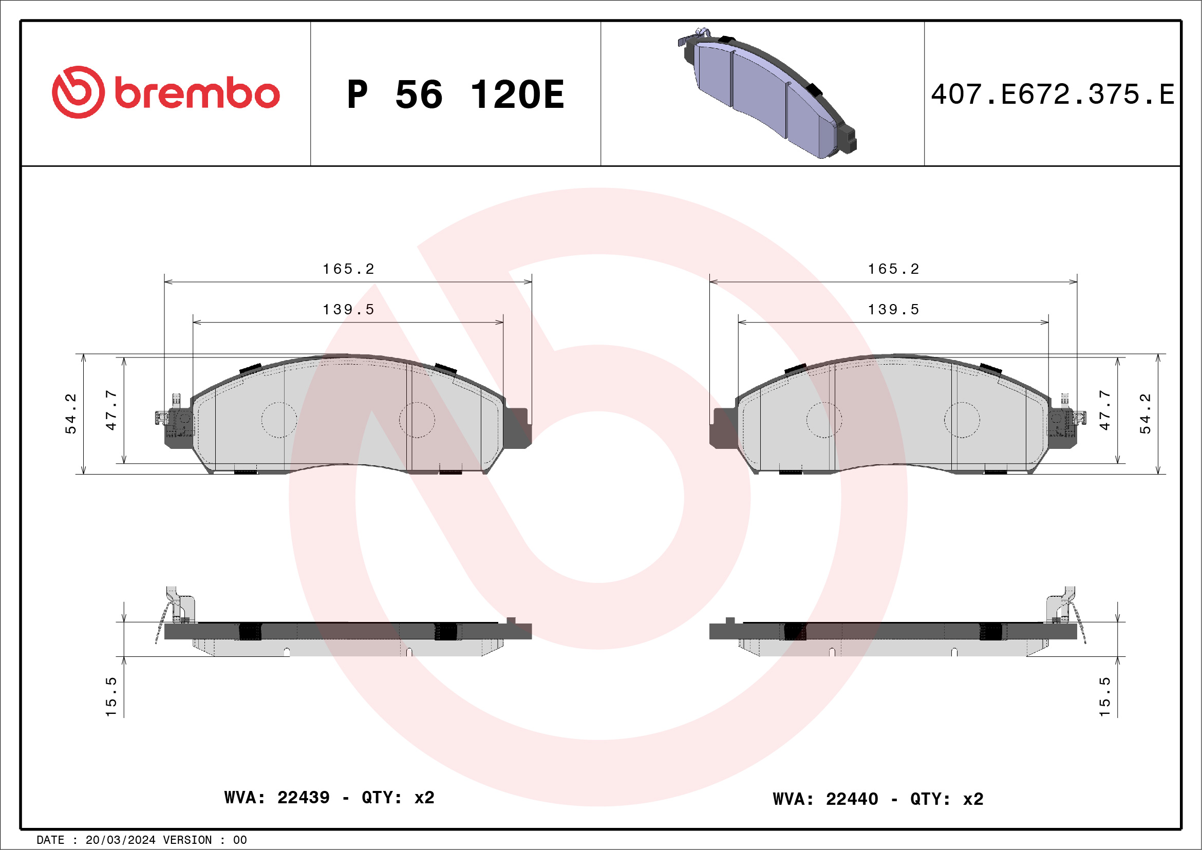 Brake Pad Set, disc brake - P 56 120E BREMBO