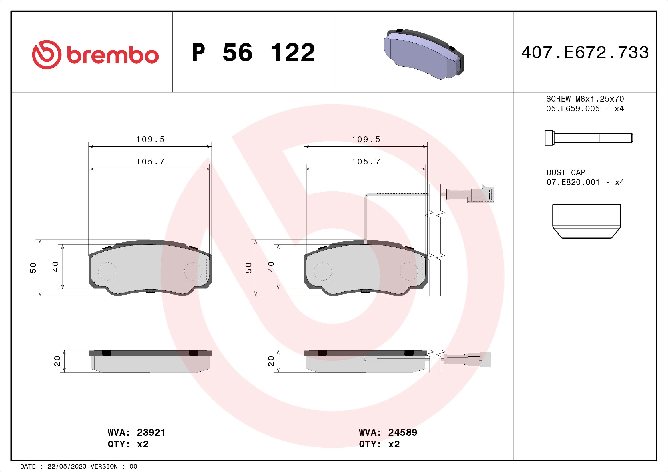 Kit pastiglie freno, Freno a disco - P 56 122 BREMBO