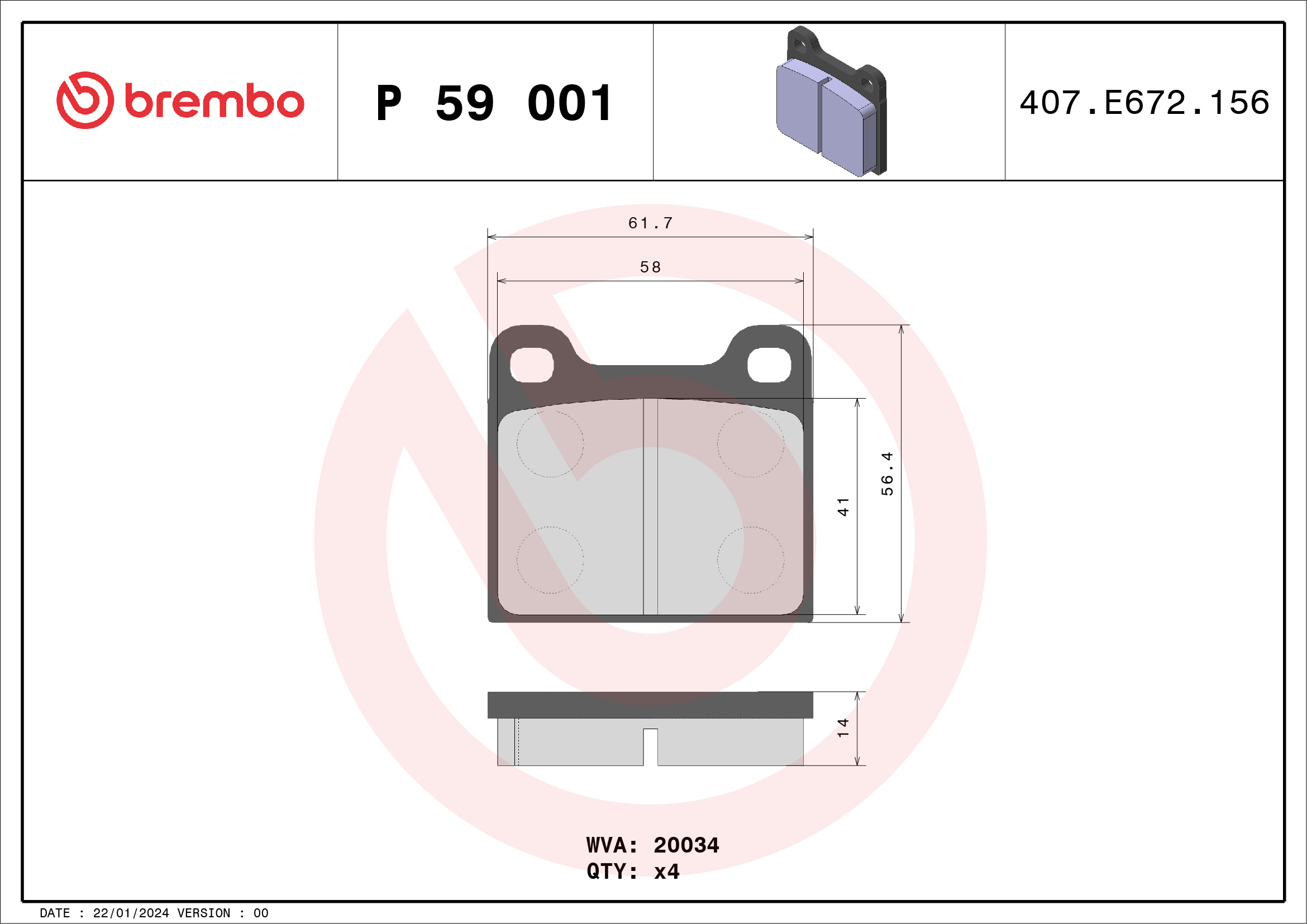 Комплект тормозных колодок, дисковый тормоз - P 59 001 BREMBO