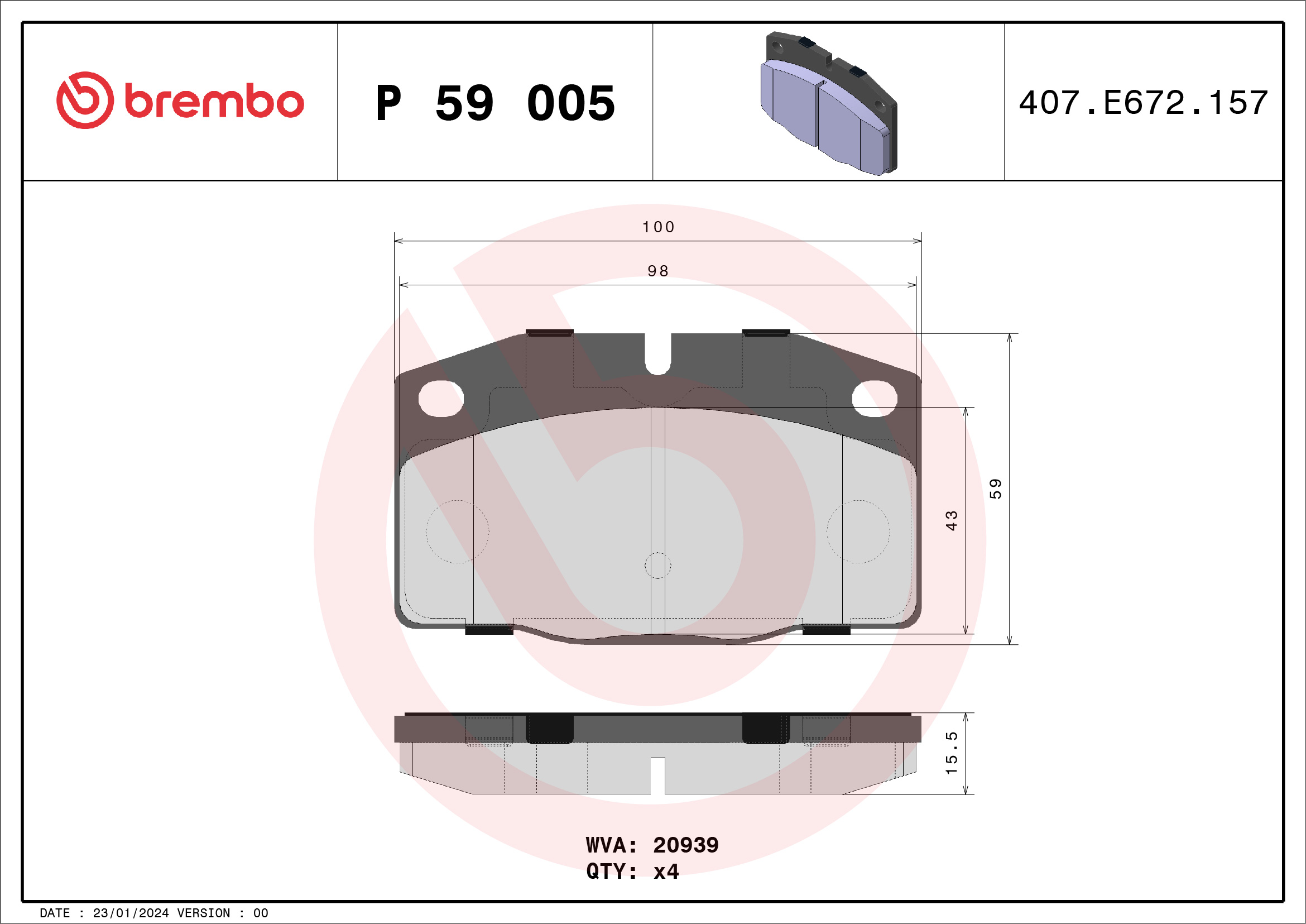 Kit pastiglie freno, Freno a disco - P 59 005 BREMBO