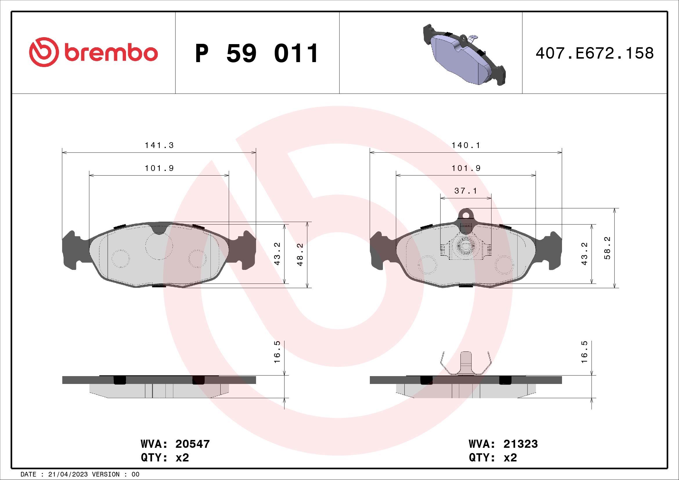 Комплект тормозных колодок, дисковый тормоз - P 59 011 BREMBO