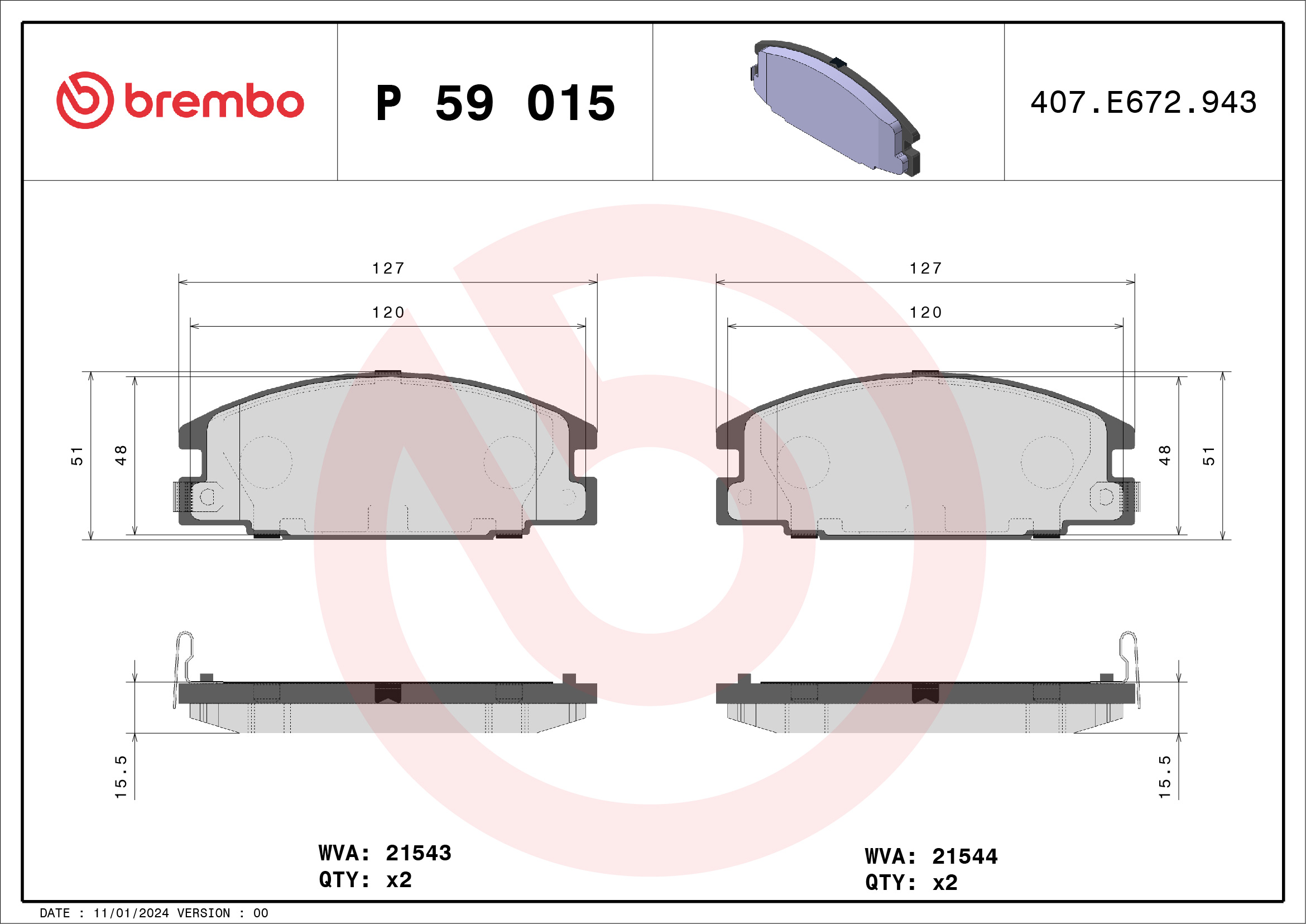 Brake Pad Set, disc brake - P 59 015 BREMBO
