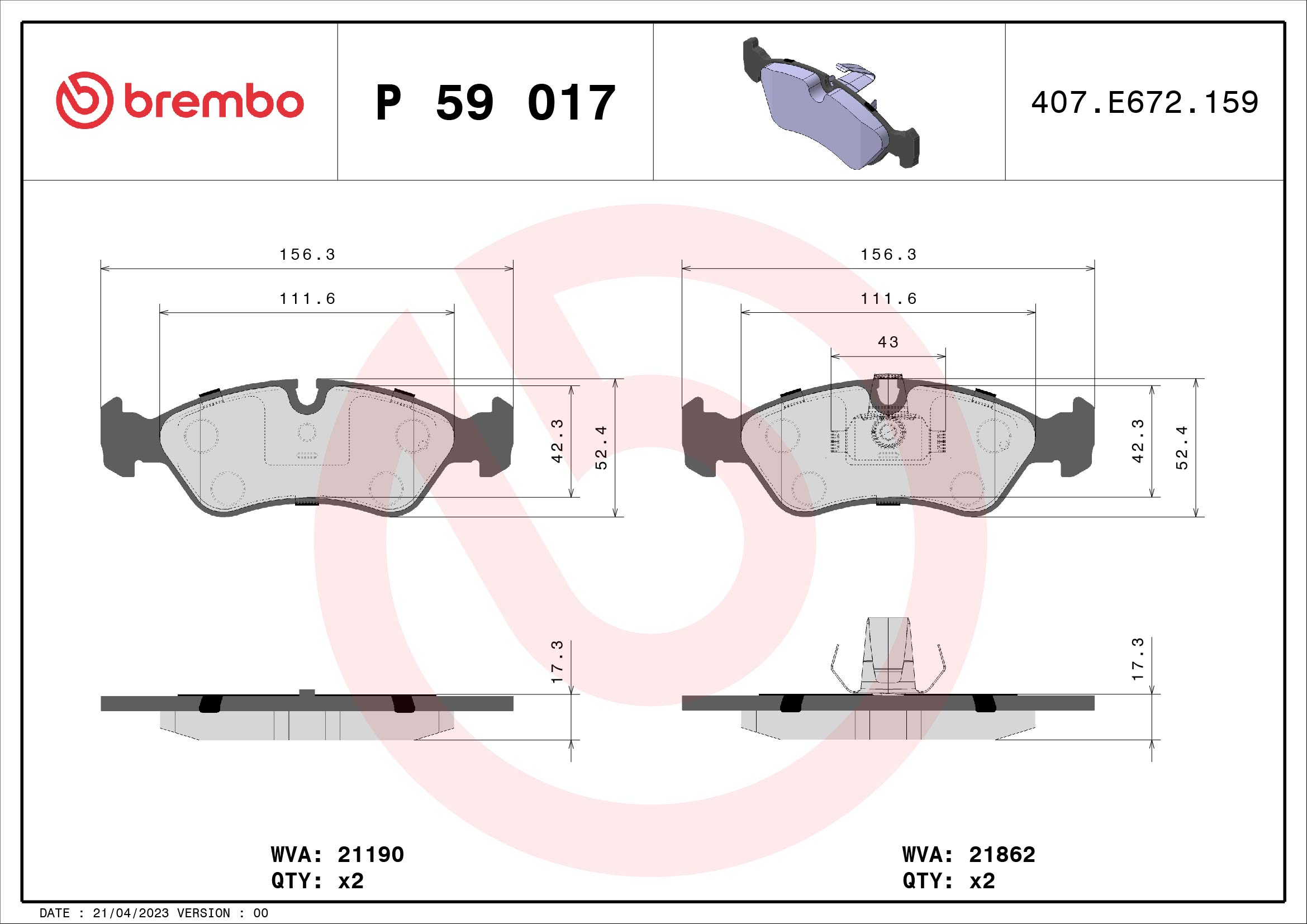 Brake Pad Set, disc brake - P 59 017 BREMBO