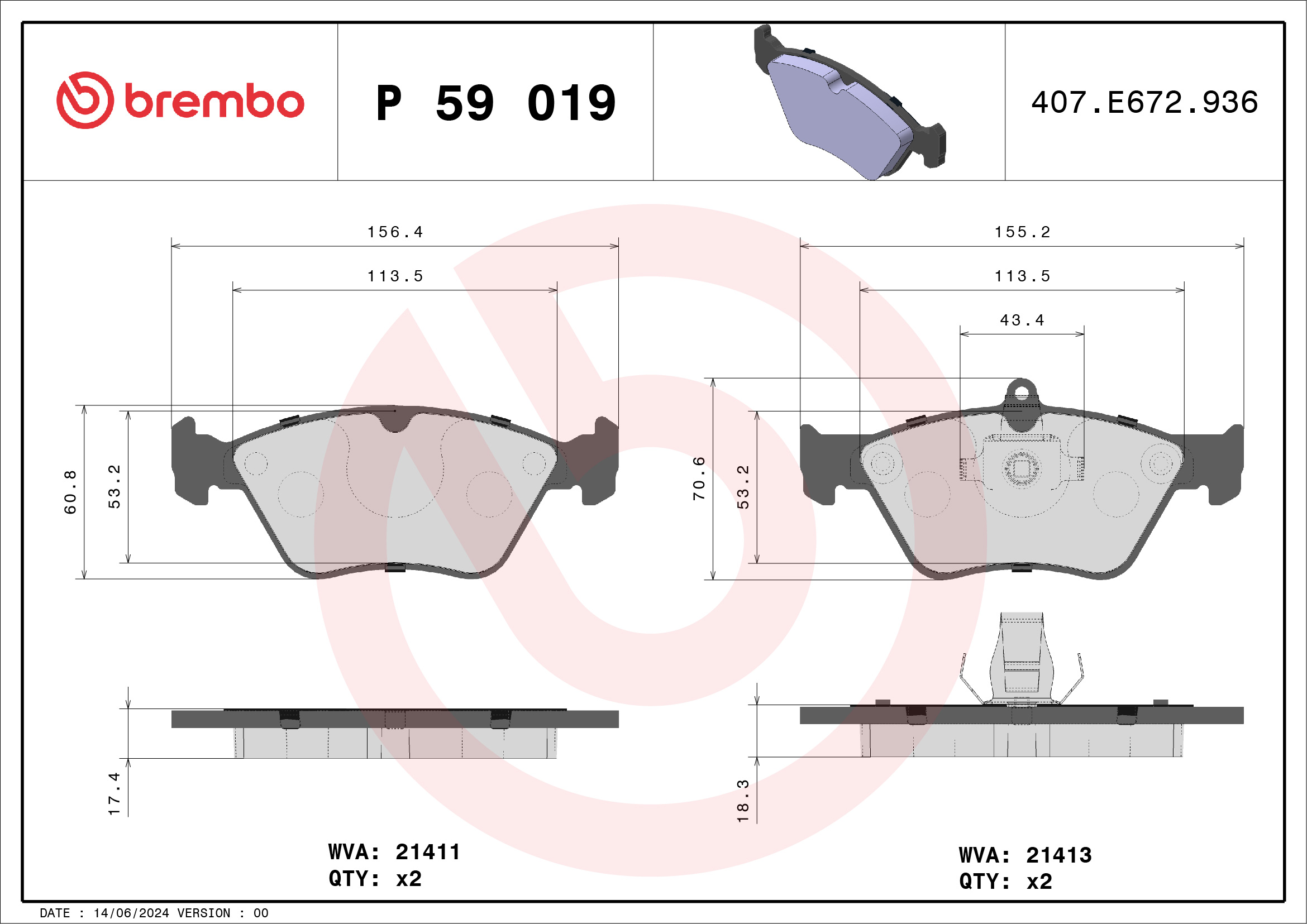 Brake Pad Set, disc brake - P 59 019 BREMBO