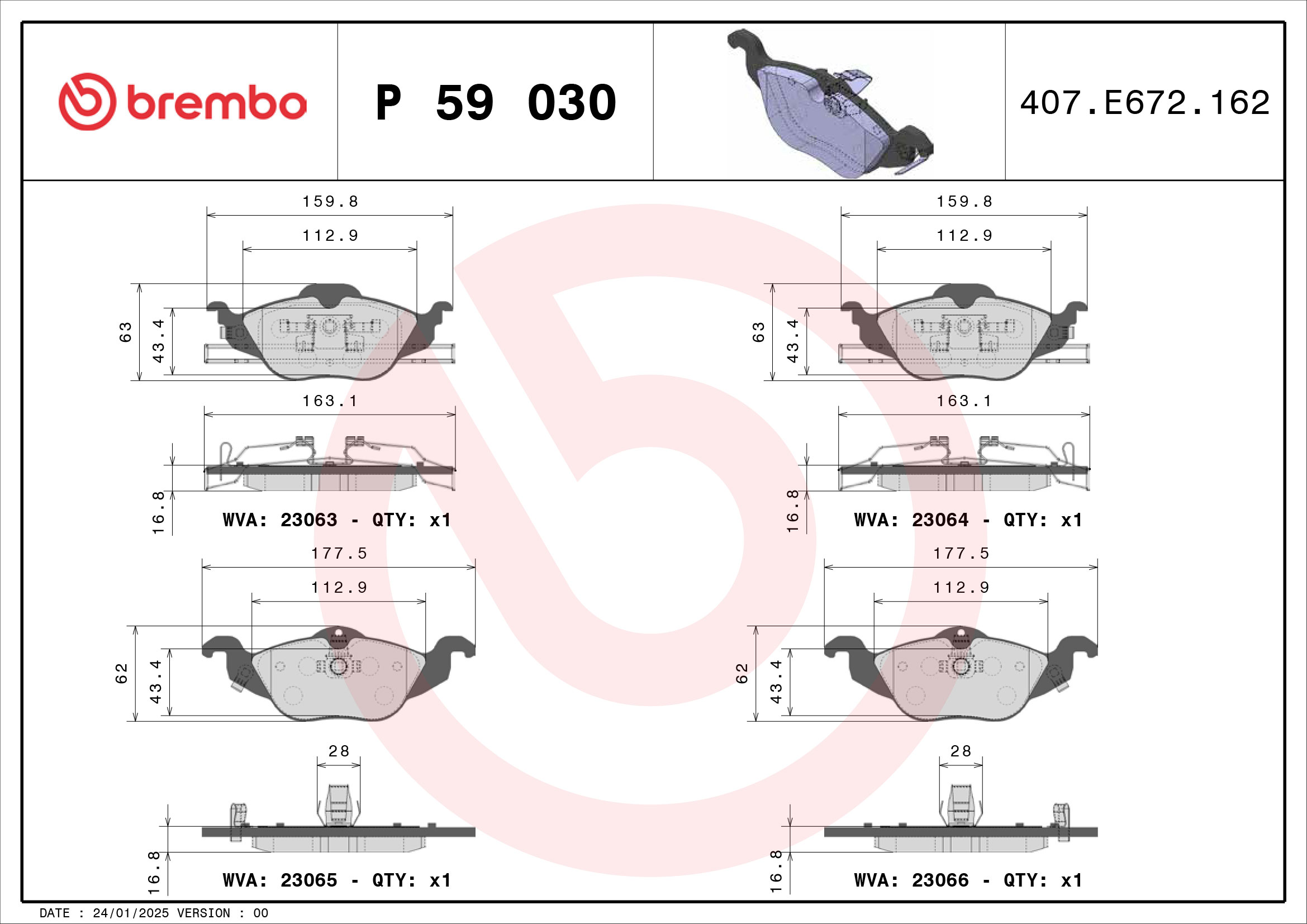 Brake Pad Set, disc brake - P 59 030 BREMBO