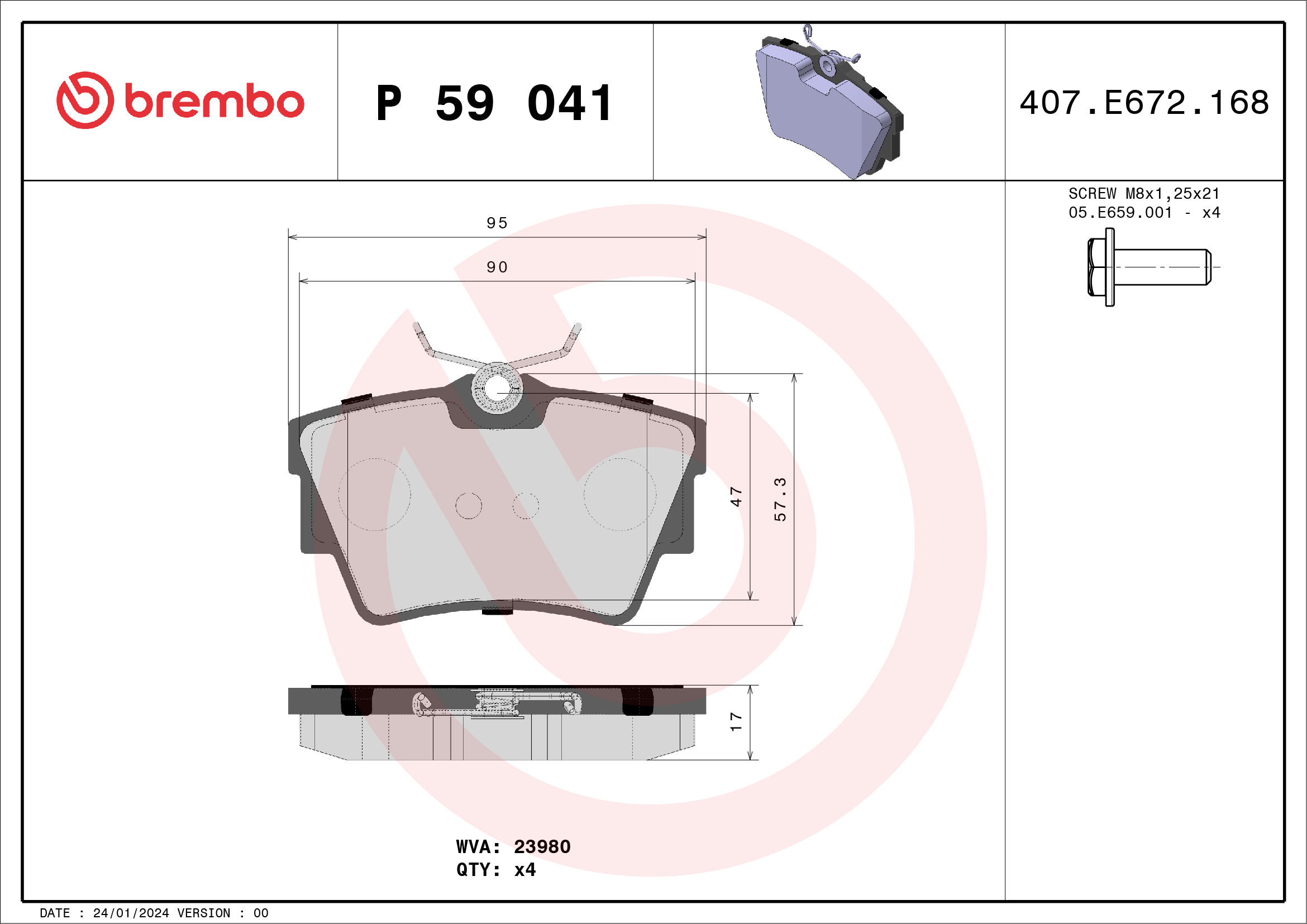 Комплект тормозных колодок, дисковый тормоз - P 59 041 BREMBO