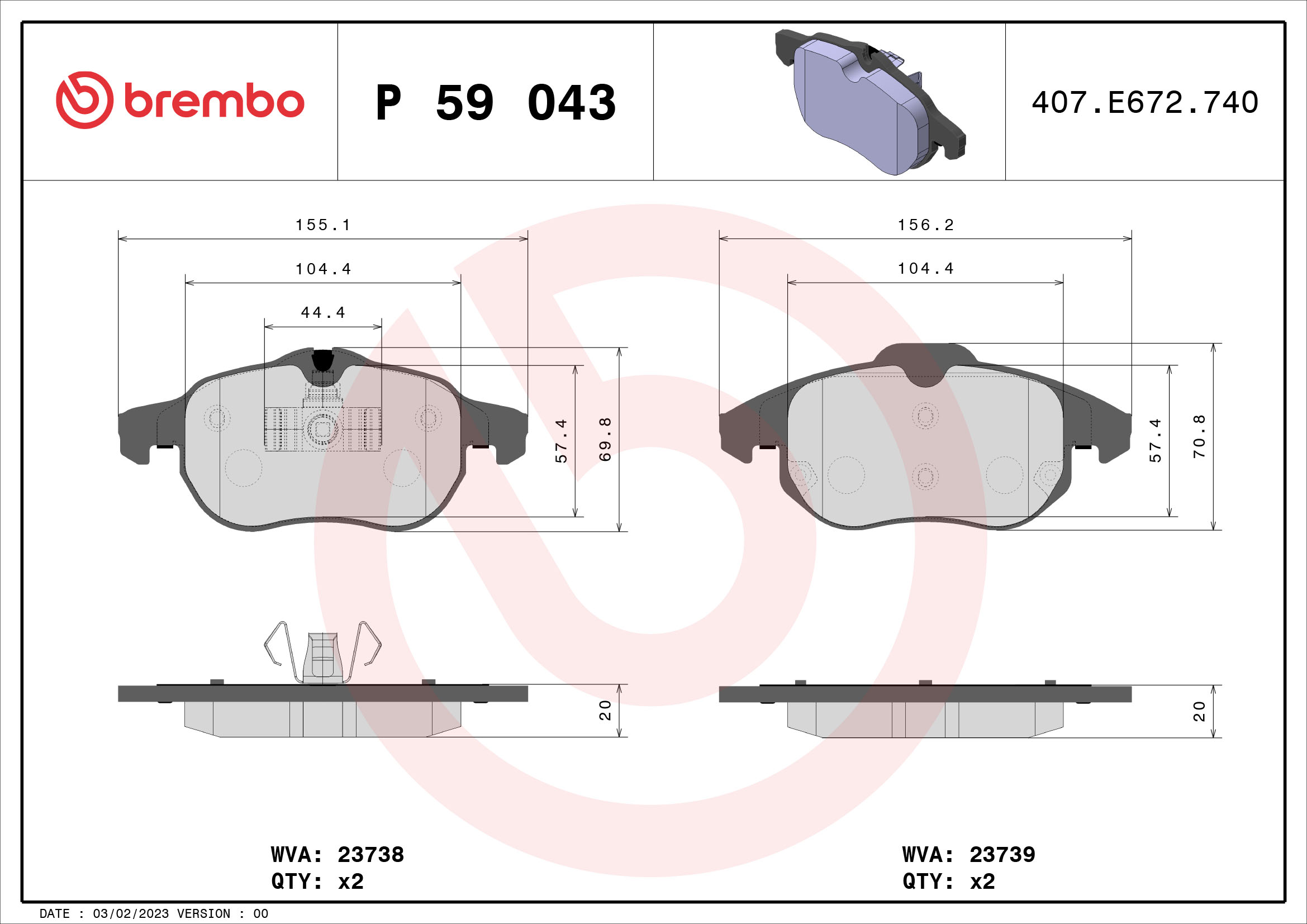 Brake Pad Set, disc brake - P 59 043 BREMBO