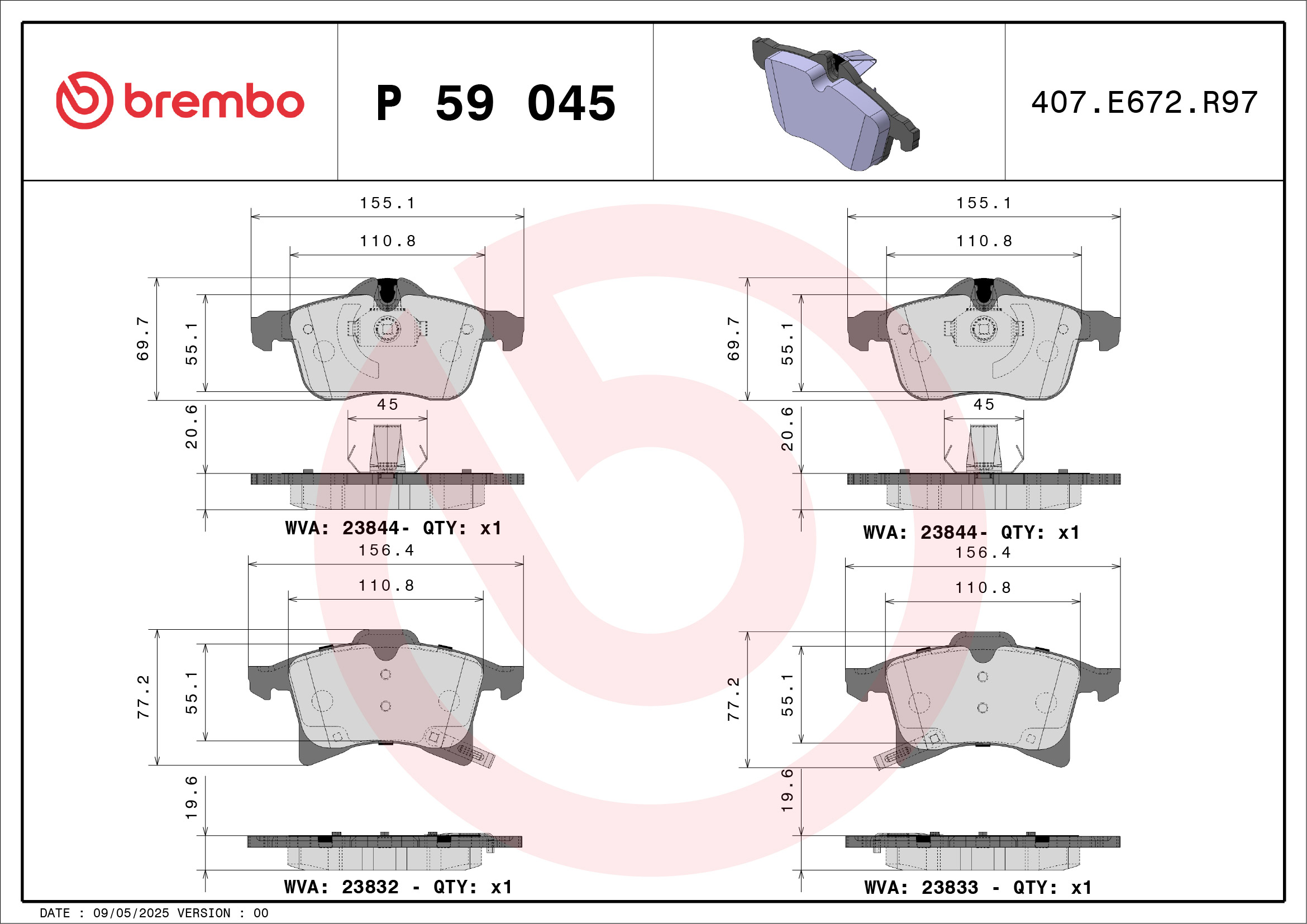 stabdžių trinkelių rinkinys, diskinis stabdys - P 59 045 BREMBO