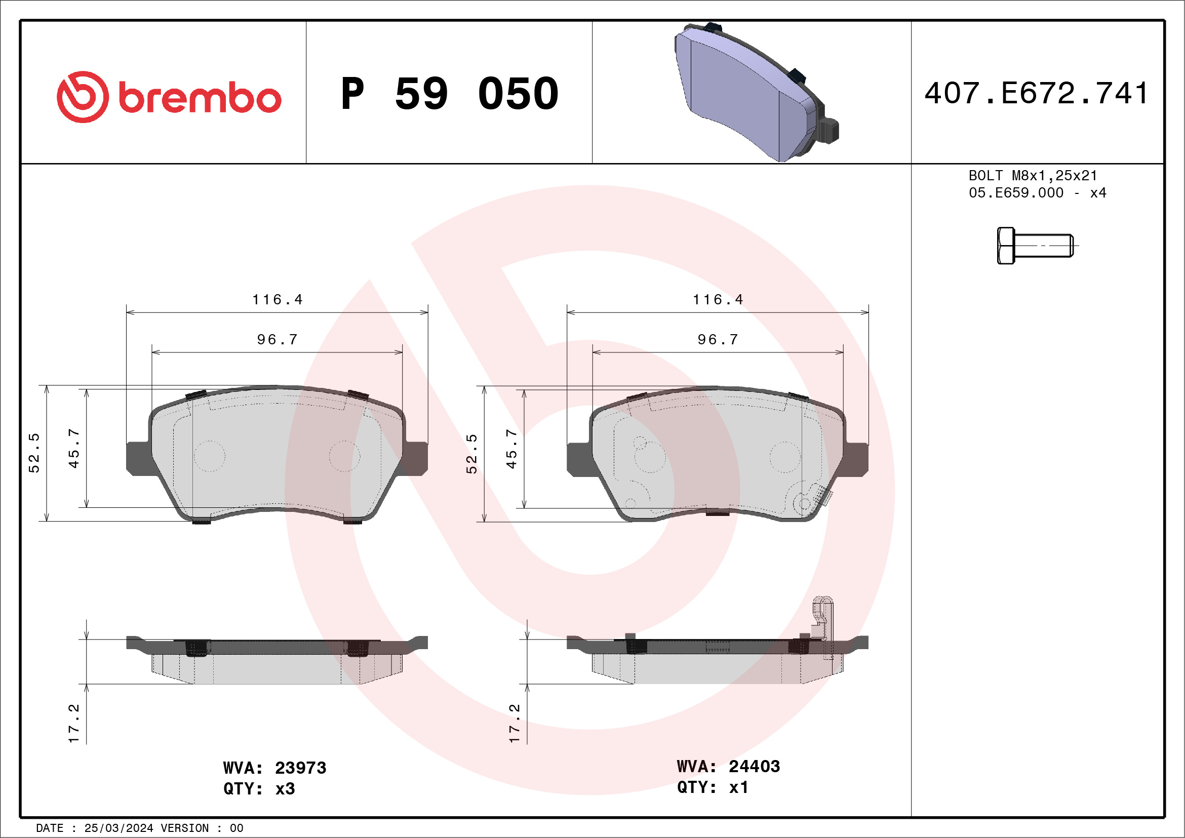 Brake Pad Set, disc brake - P 59 050 BREMBO