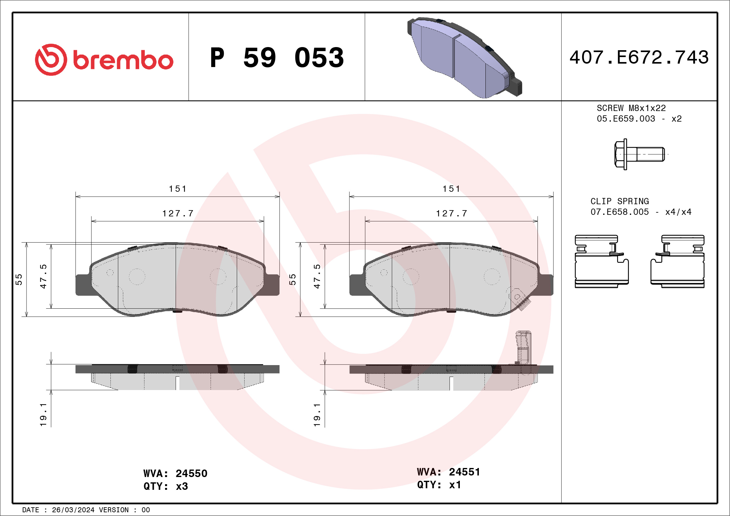 Brake Pad Set, disc brake - P 59 053 BREMBO