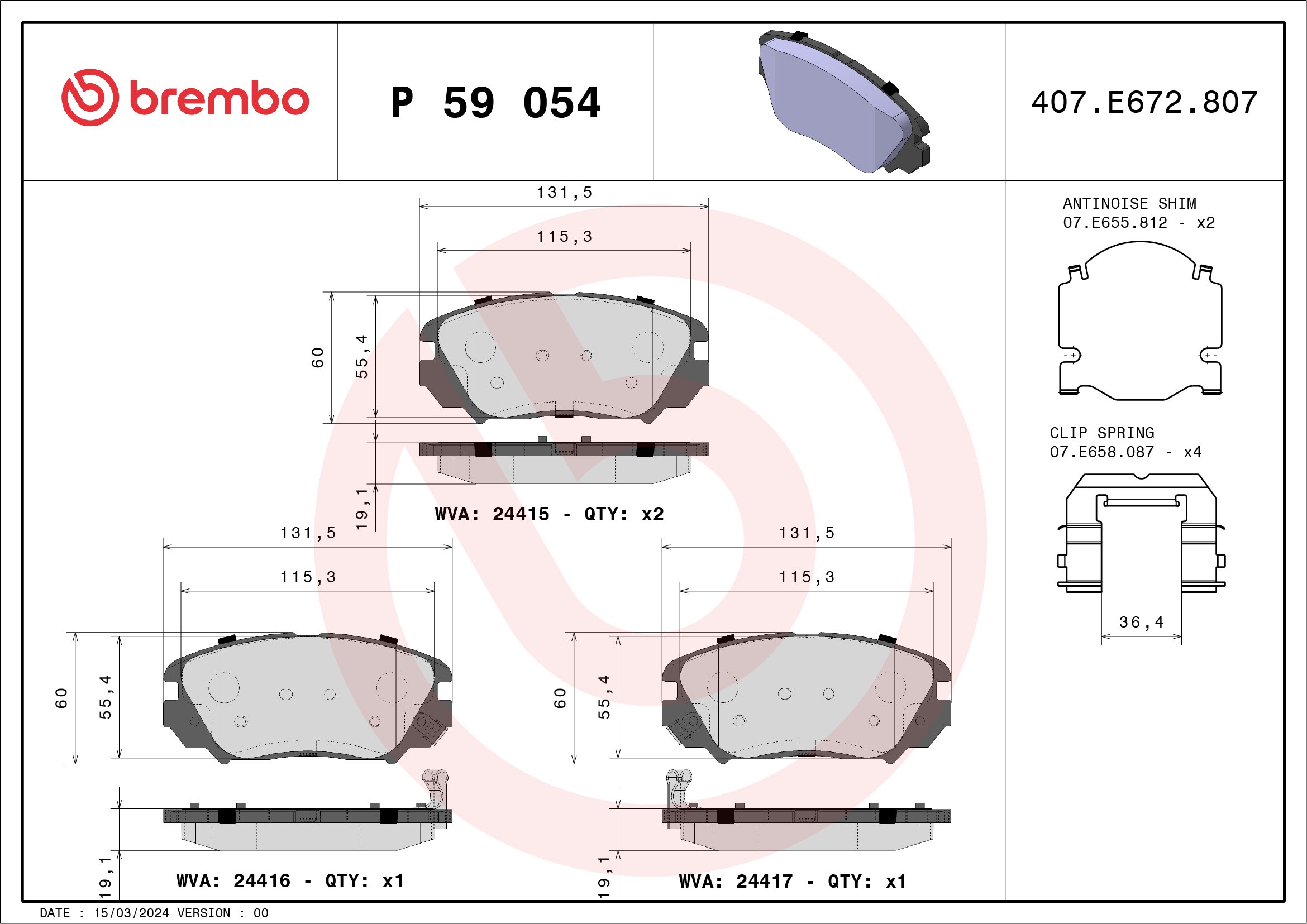 Kit pastiglie freno, Freno a disco - P 59 054 BREMBO