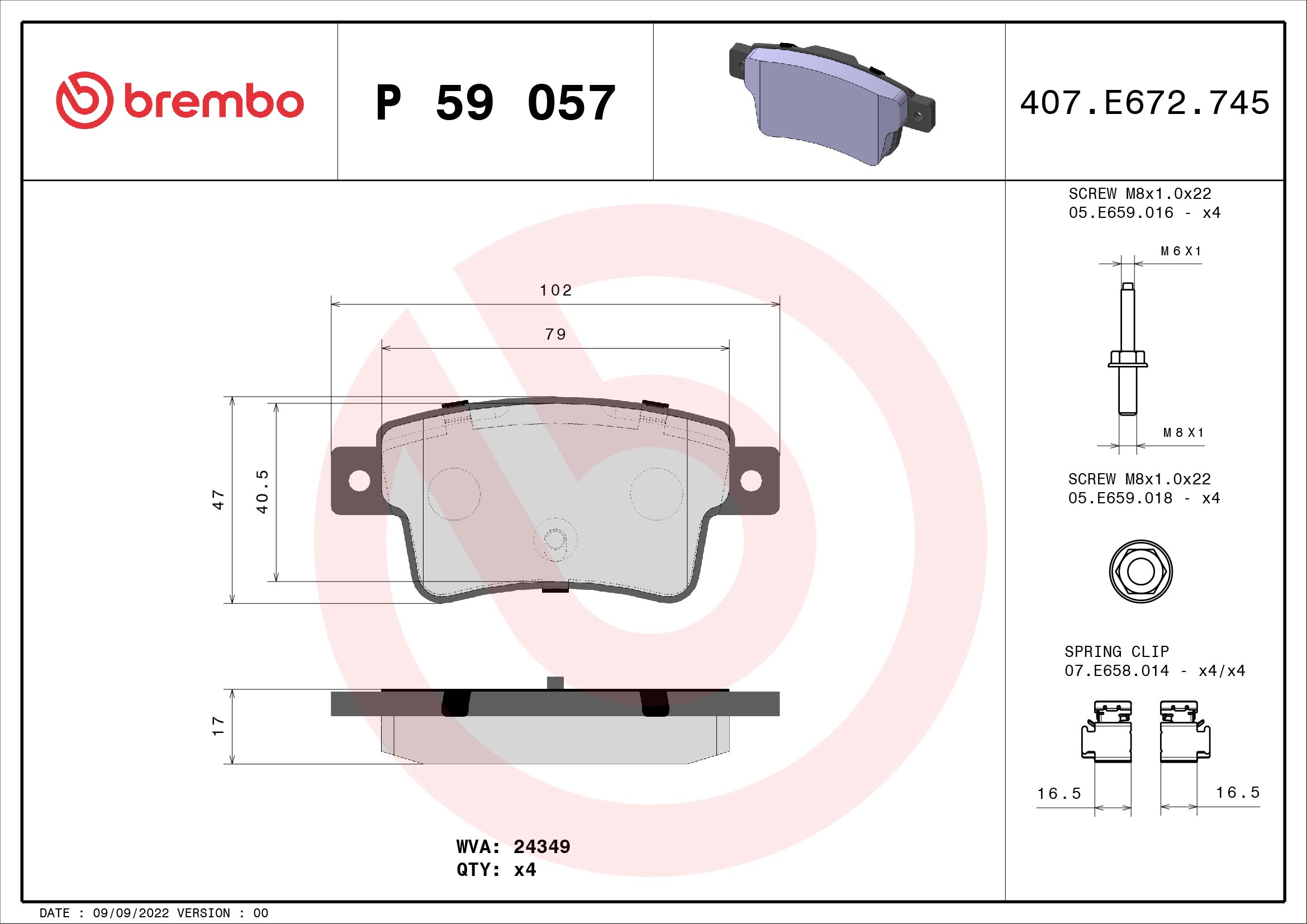 Комплект тормозных колодок, дисковый тормоз - P 59 057 BREMBO