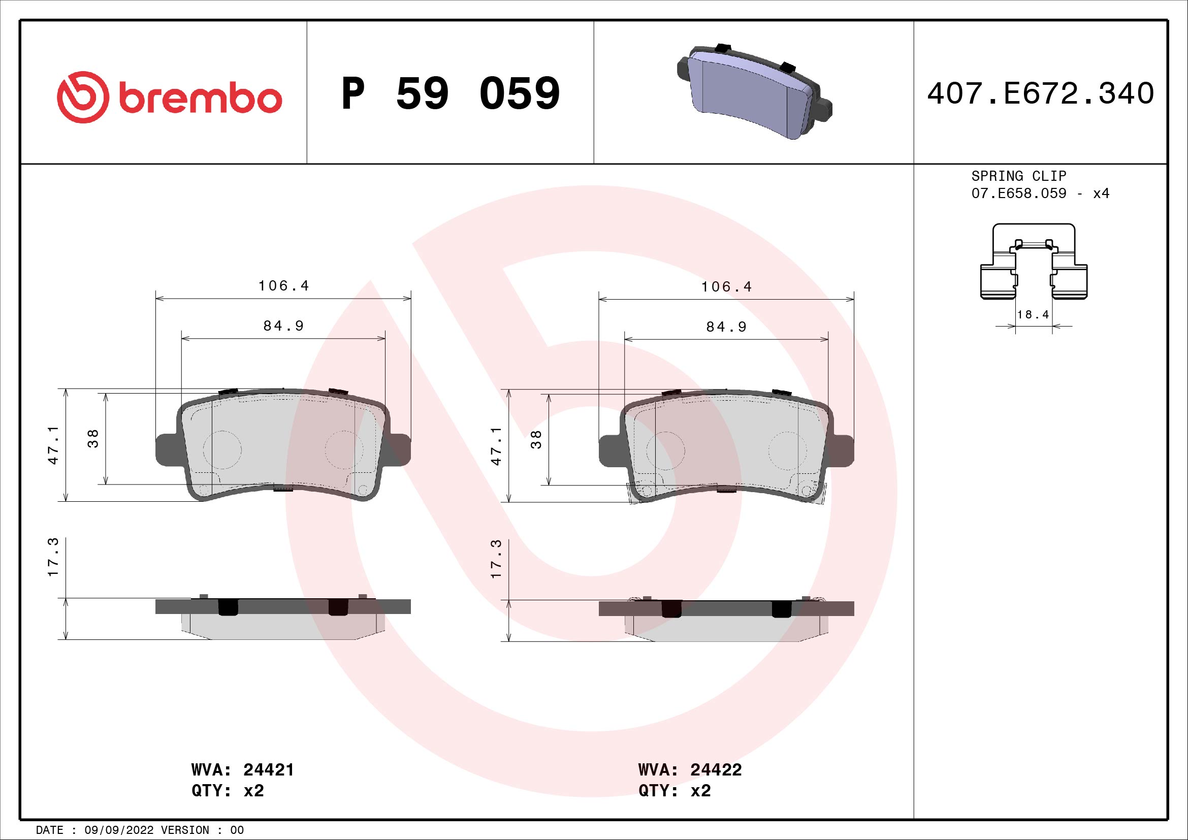 Brake Pad Set, disc brake - P 59 059 BREMBO