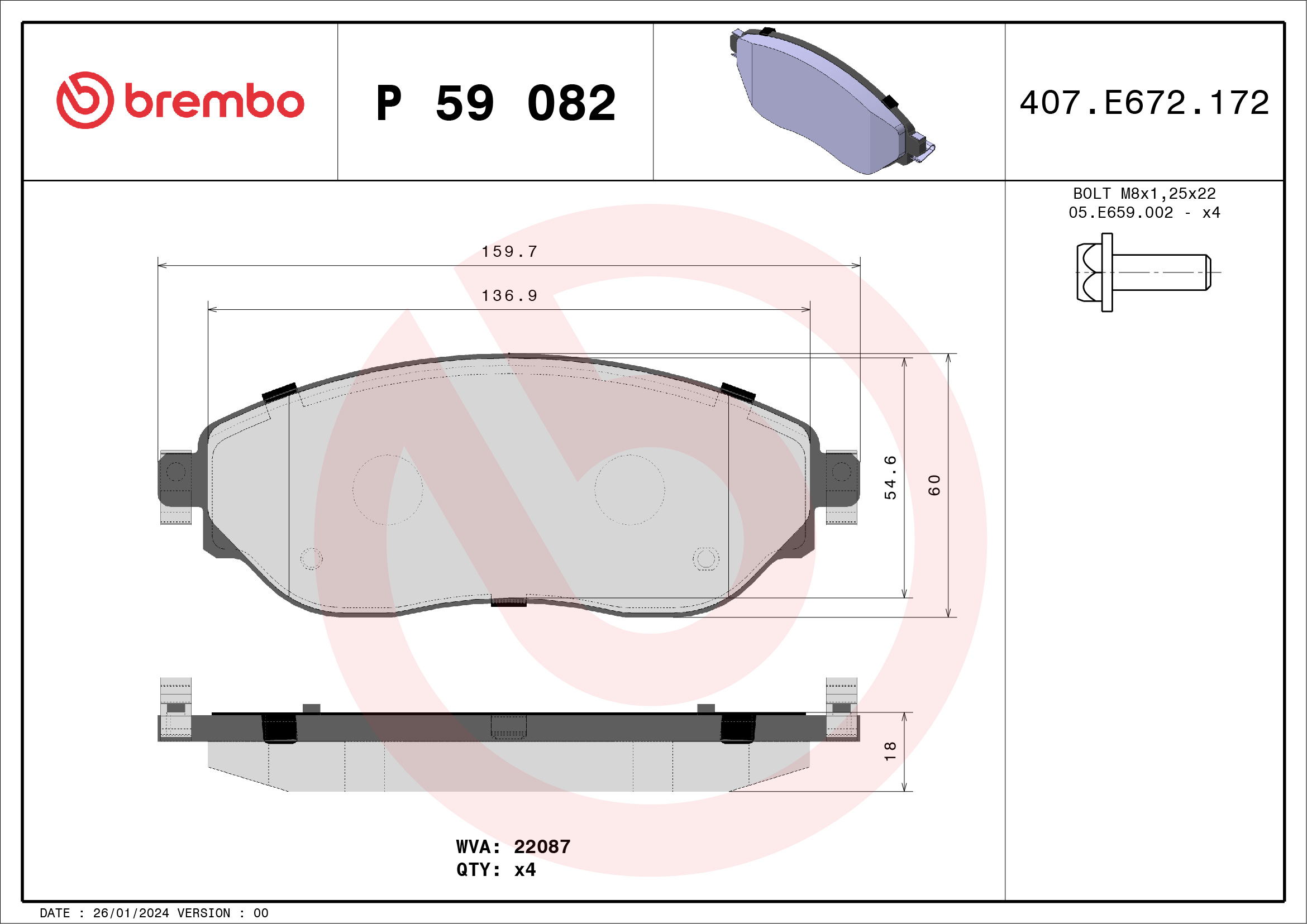 Kit pastiglie freno, Freno a disco - P 59 082 BREMBO