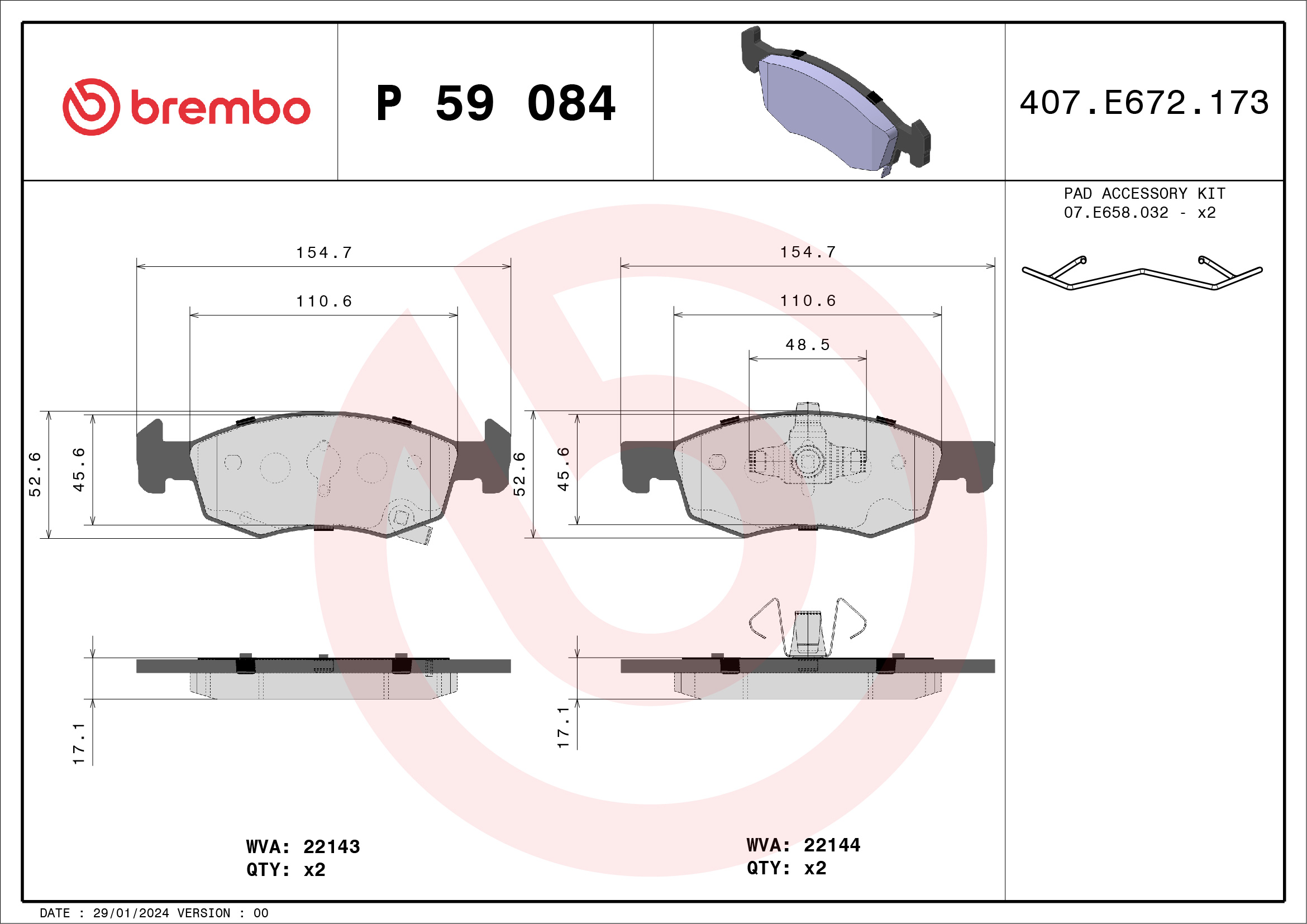 Brake Pad Set, disc brake - P 59 084 BREMBO