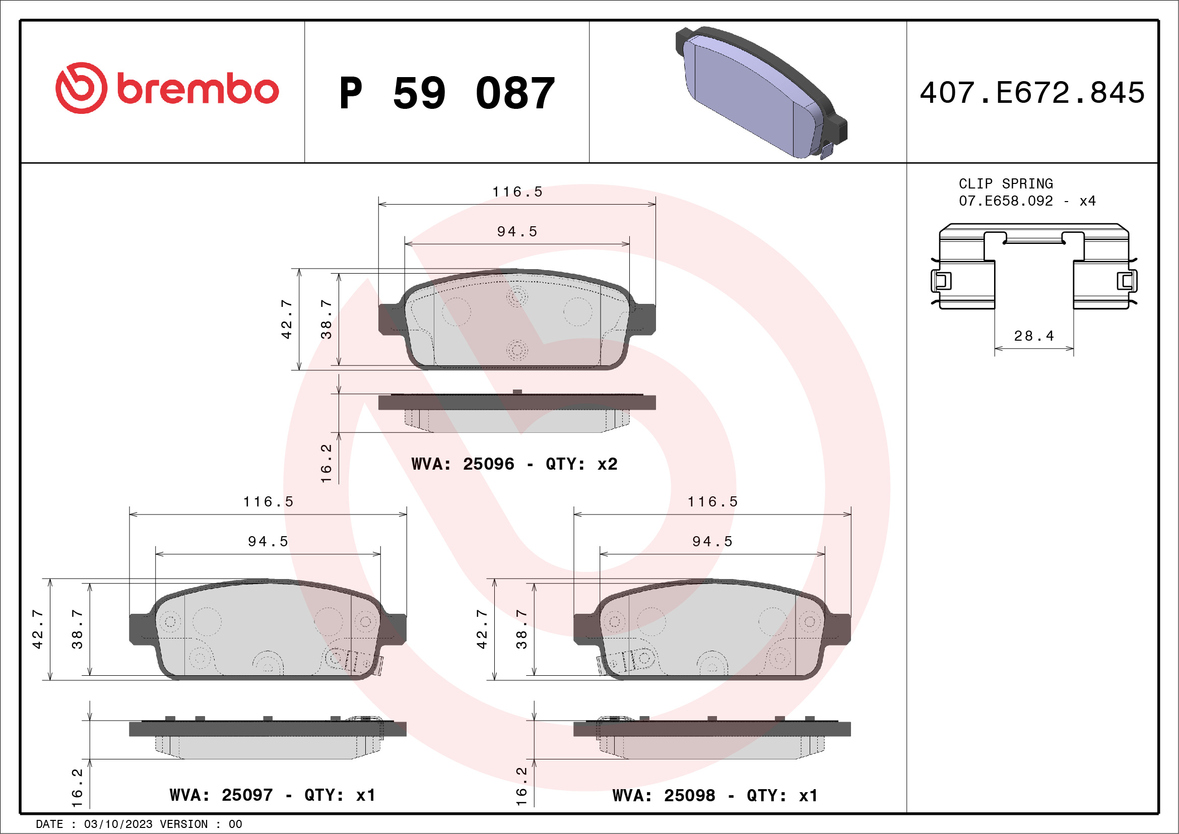 Brake Pad Set, disc brake - P 59 087 BREMBO