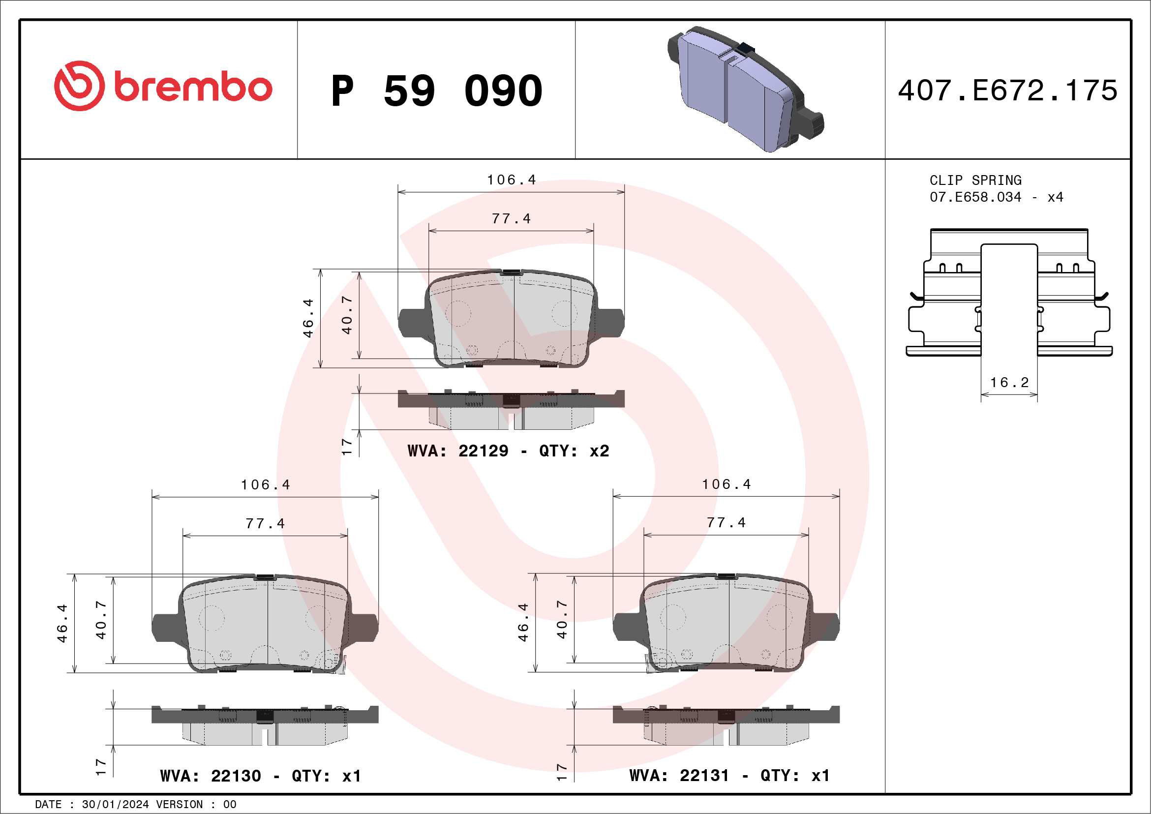 Kit pastiglie freno, Freno a disco - P 59 090 BREMBO
