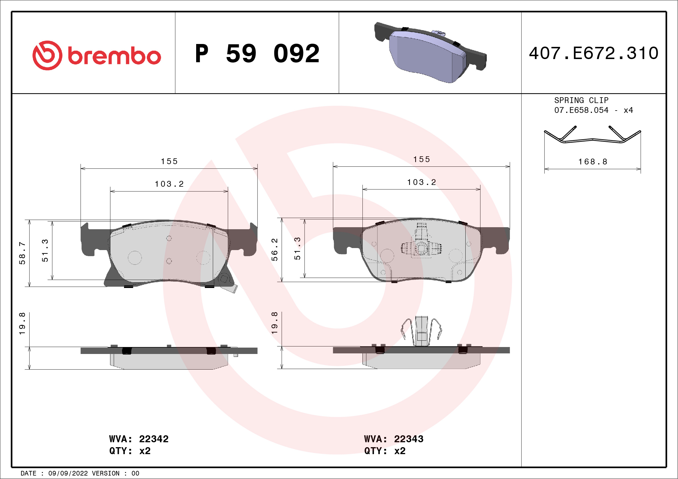Brake Pad Set, disc brake - P 59 092 BREMBO