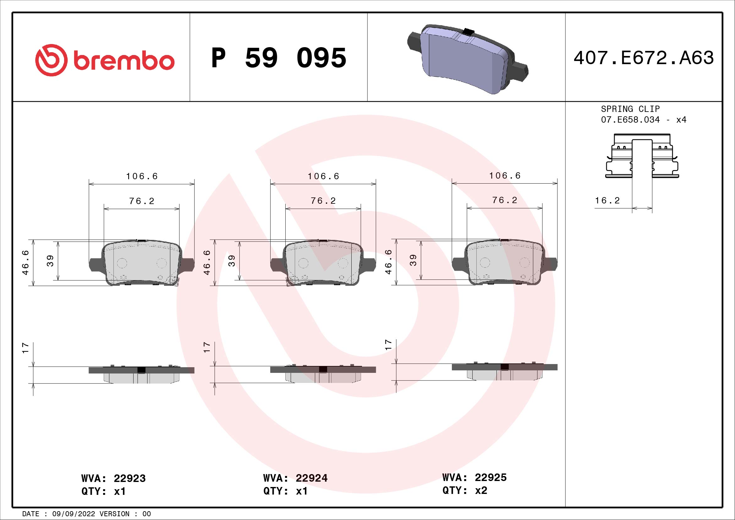 Brake Pad Set, disc brake - P 59 095 BREMBO