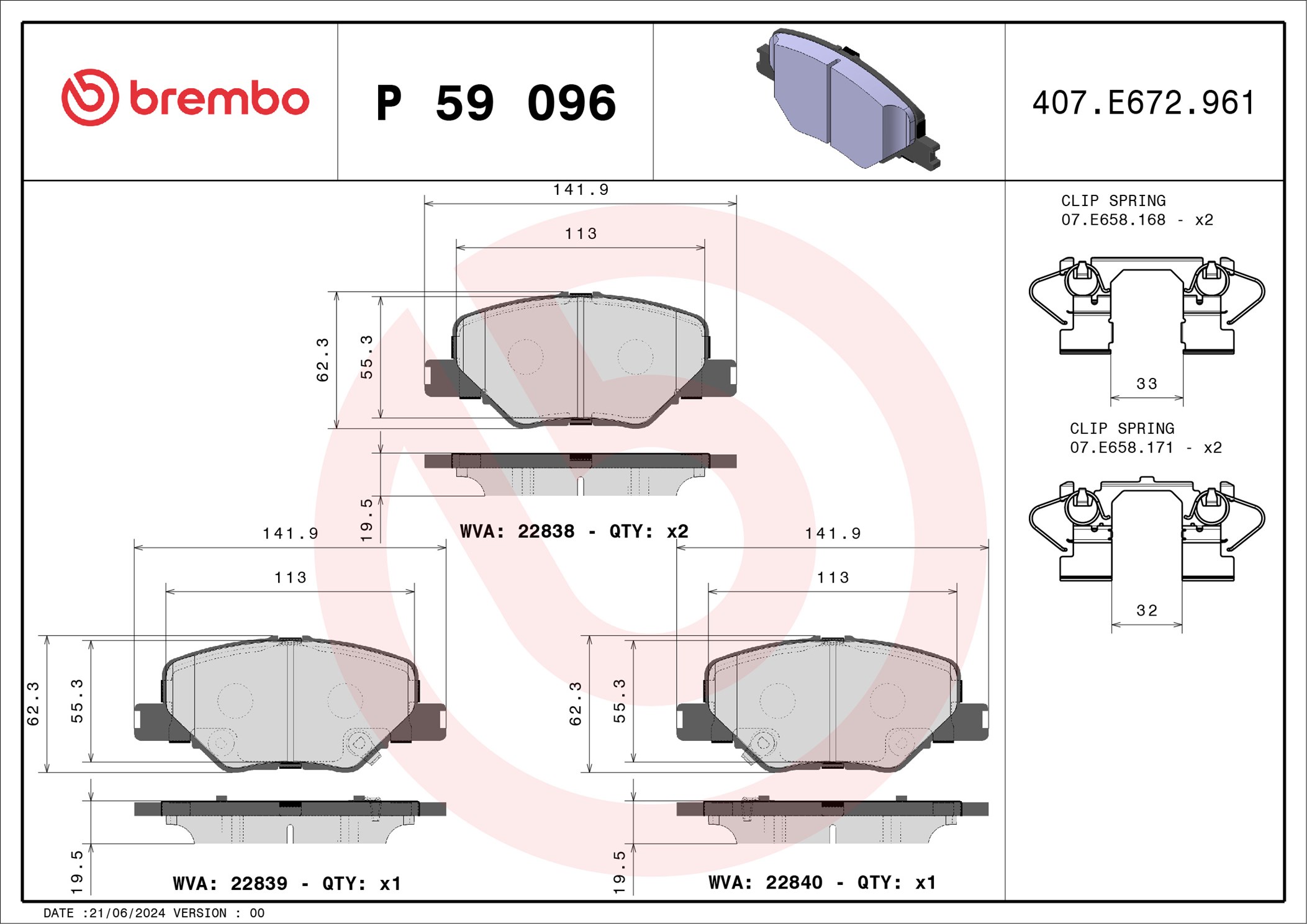 Kit pastiglie freno, Freno a disco - P 59 096 BREMBO