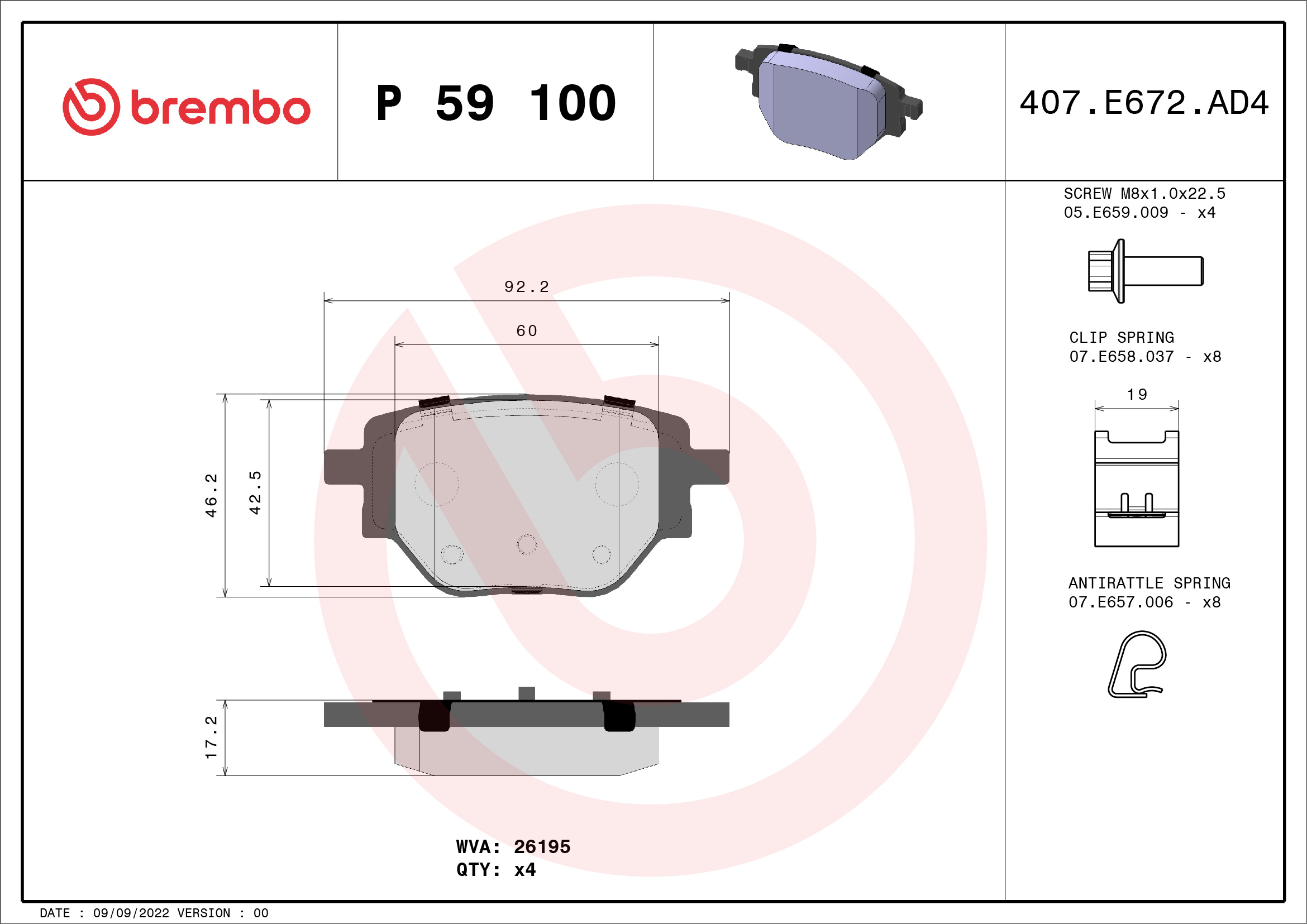Brake Pad Set, disc brake - P 59 100 BREMBO