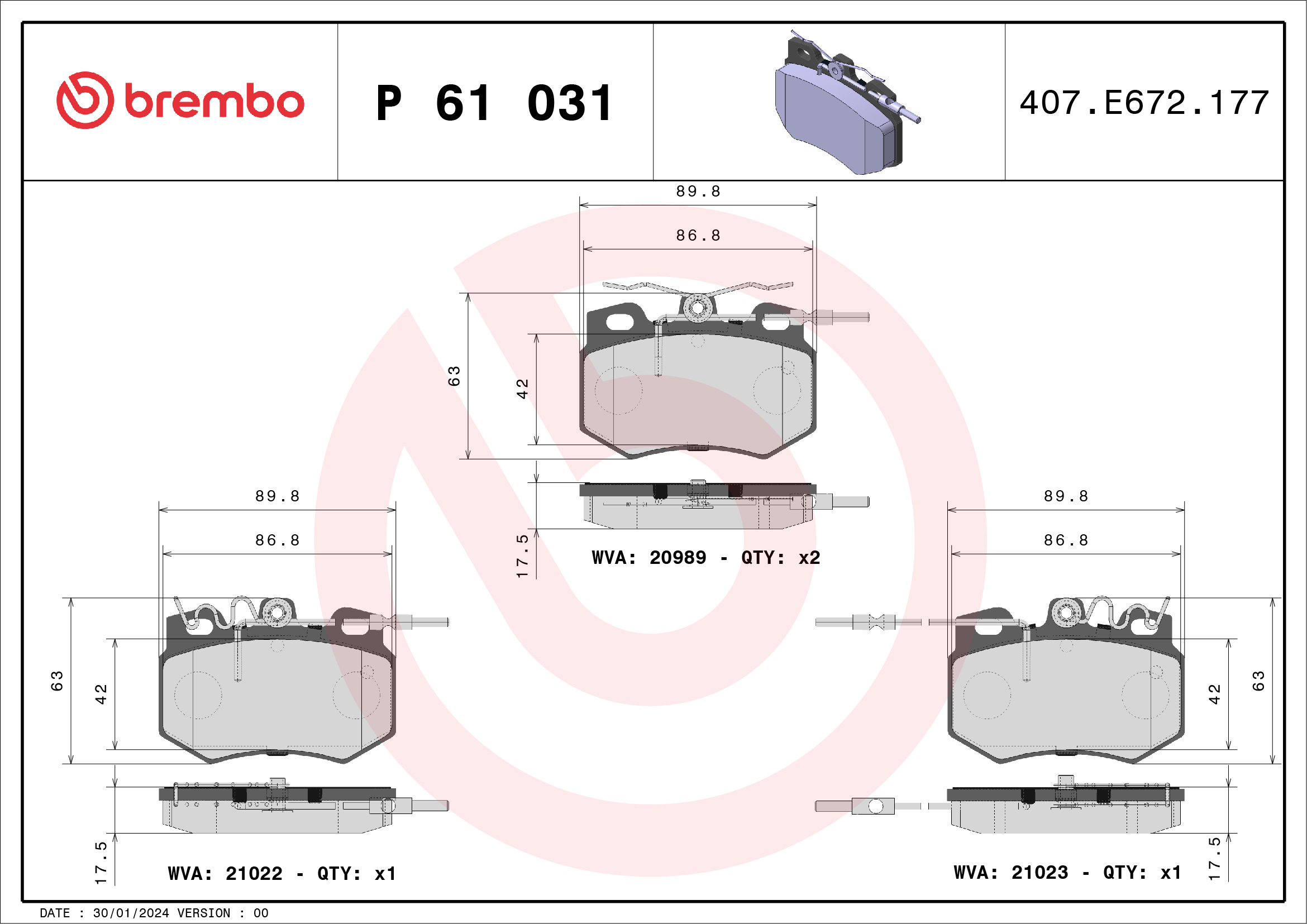 Комплект тормозных колодок, дисковый тормоз - P 61 031 BREMBO