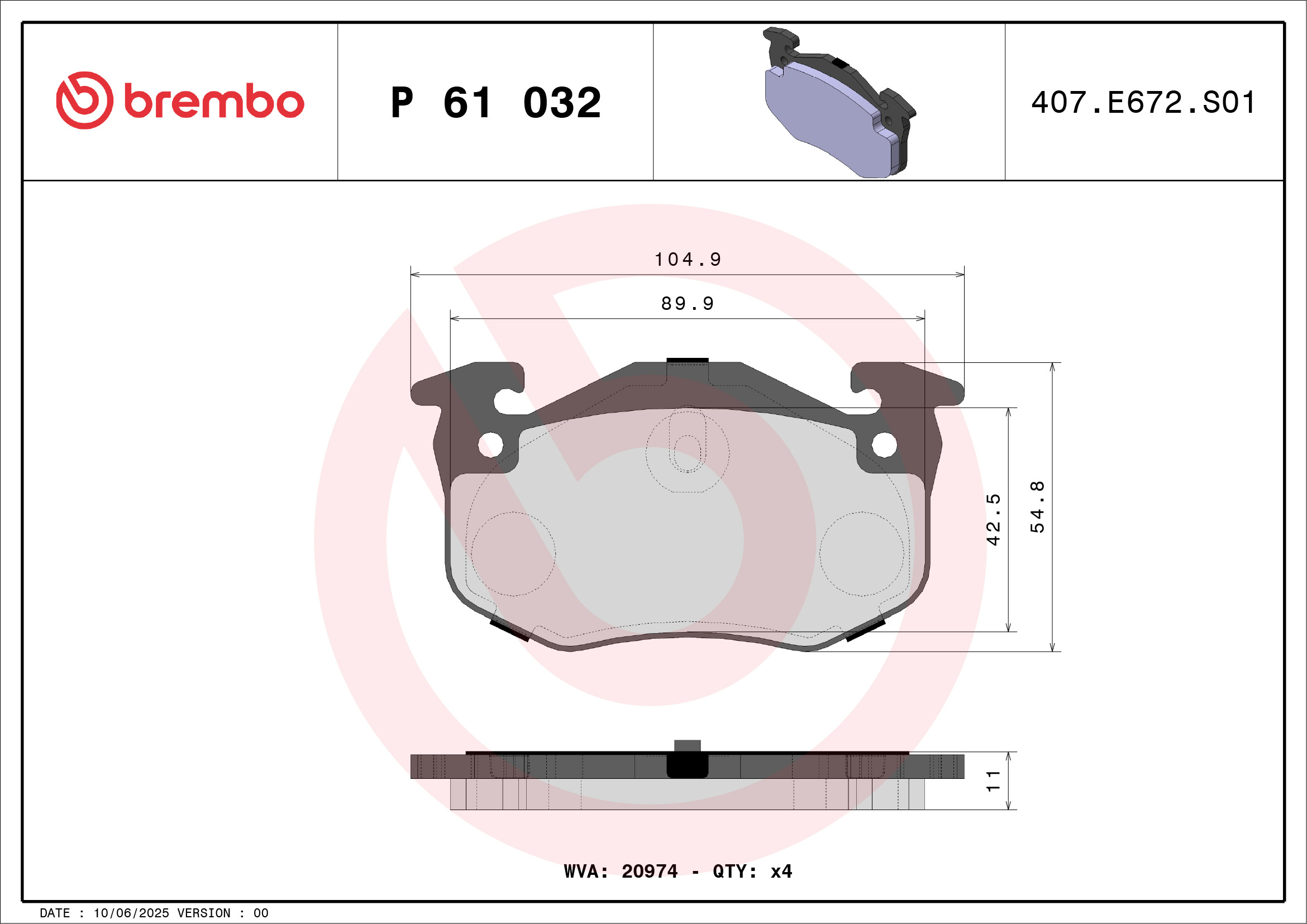 Brake Pad Set, disc brake - P 61 032 BREMBO
