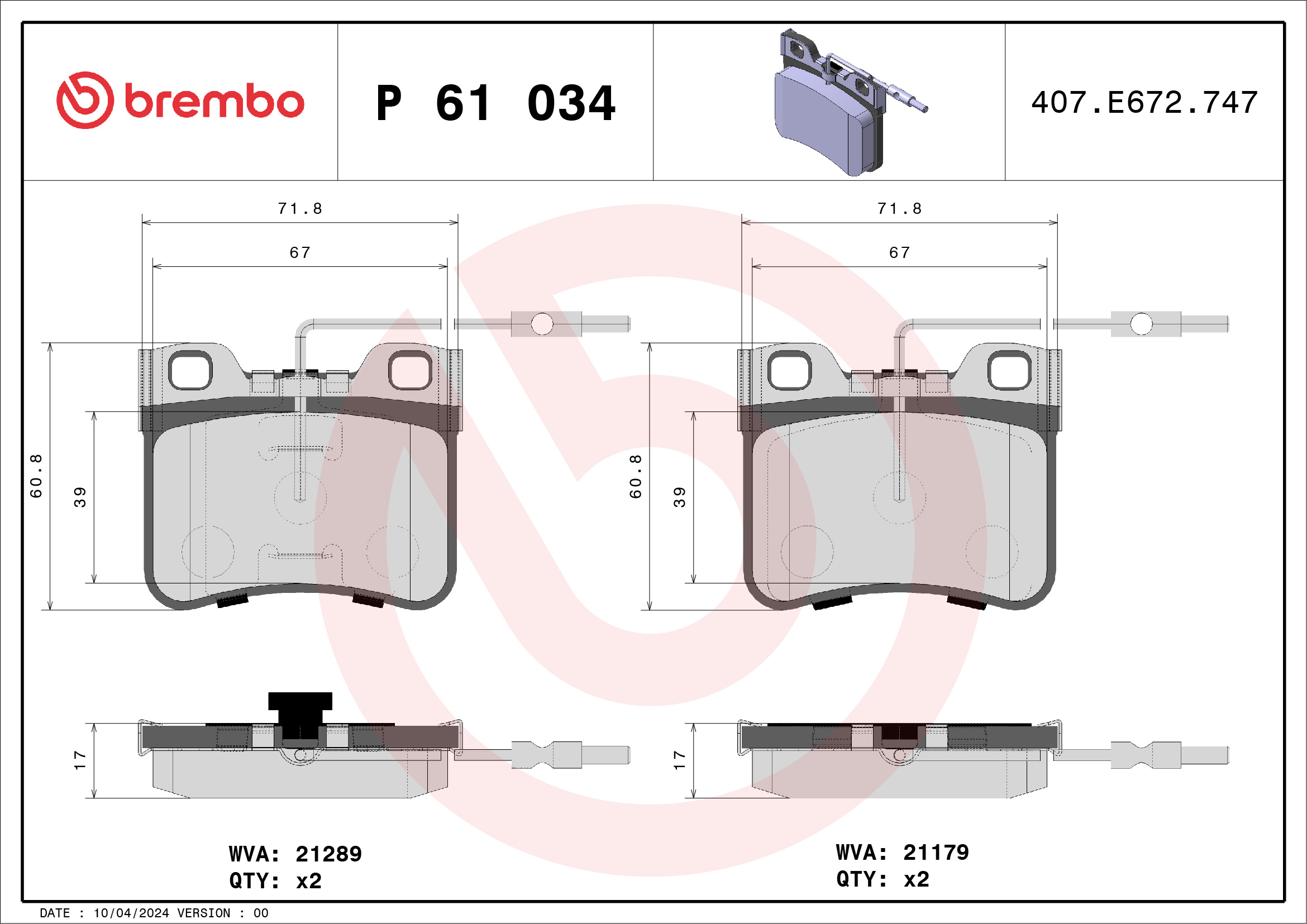 Brake Pad Set, disc brake - P 61 034 BREMBO