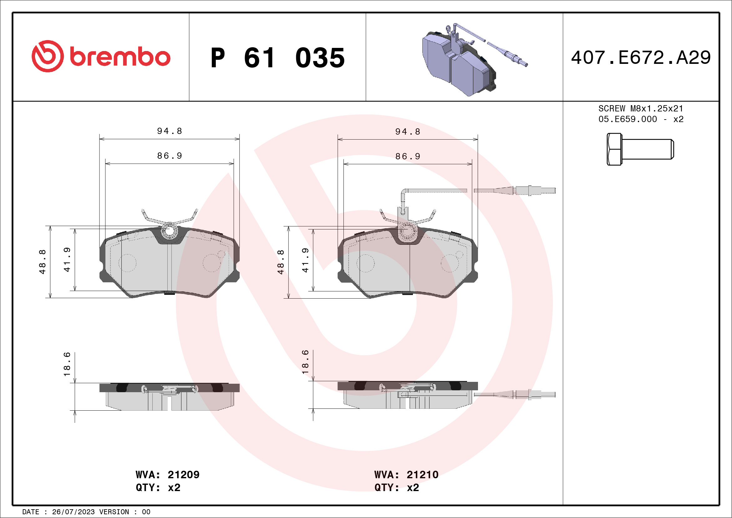 Brake Pad Set, disc brake - P 61 035 BREMBO