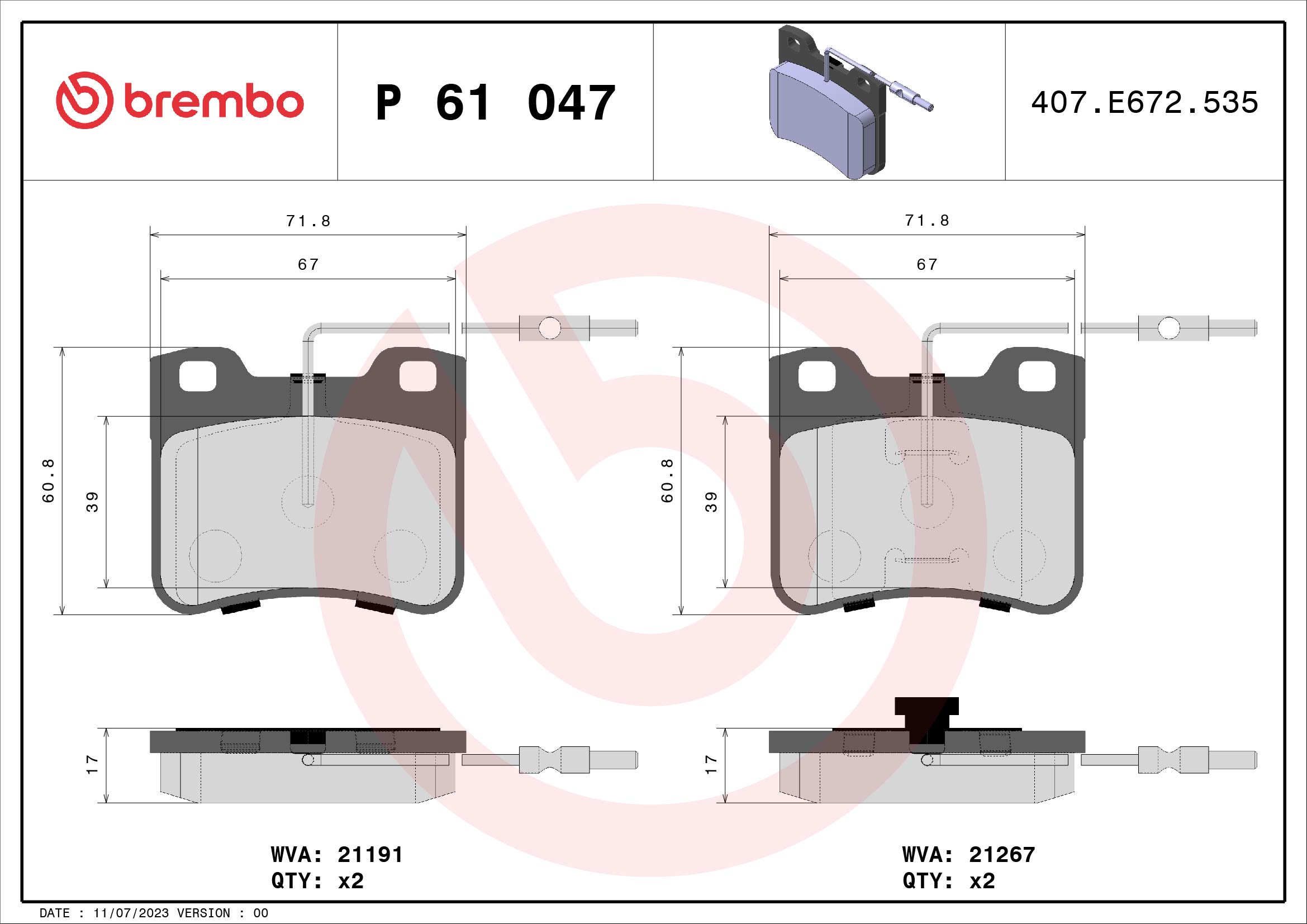 Brake Pad Set, disc brake - P 61 047 BREMBO