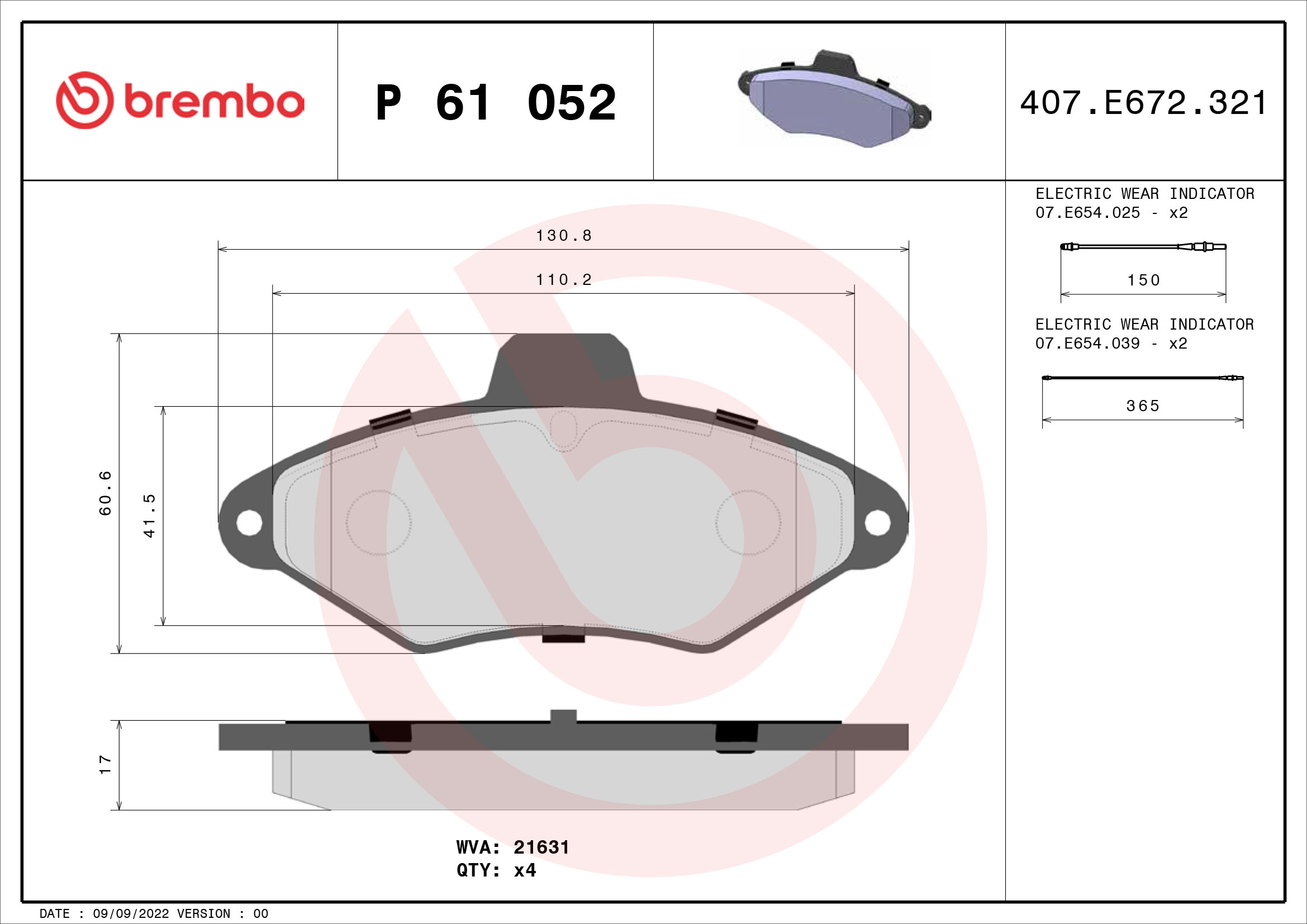 Brake Pad Set, disc brake - P 61 052 BREMBO