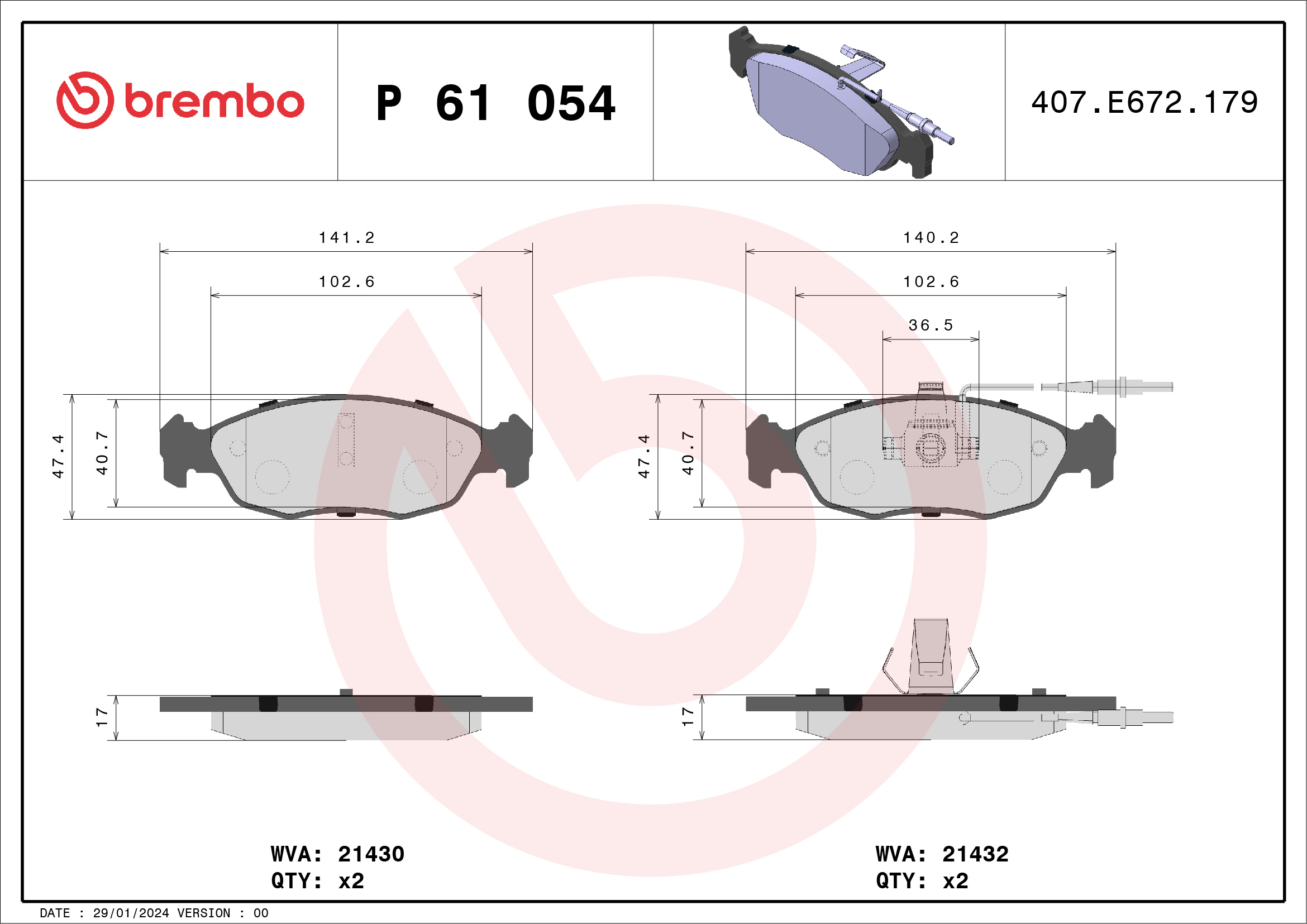 Комплект тормозных колодок, дисковый тормоз - P 61 054 BREMBO