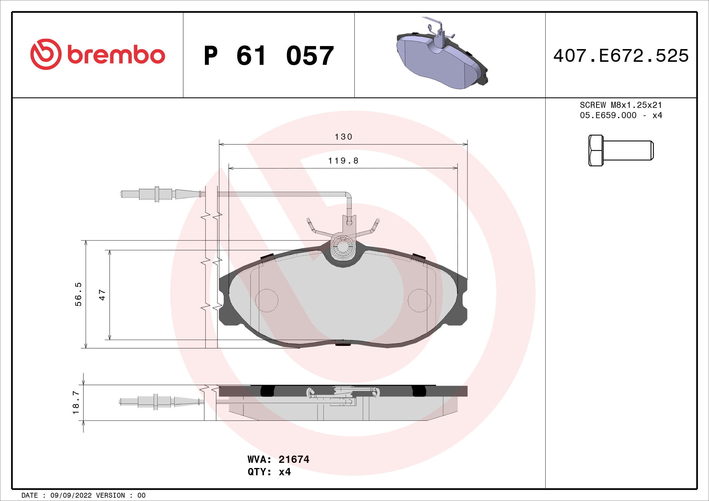 stabdžių trinkelių rinkinys, diskinis stabdys - P 61 057 BREMBO