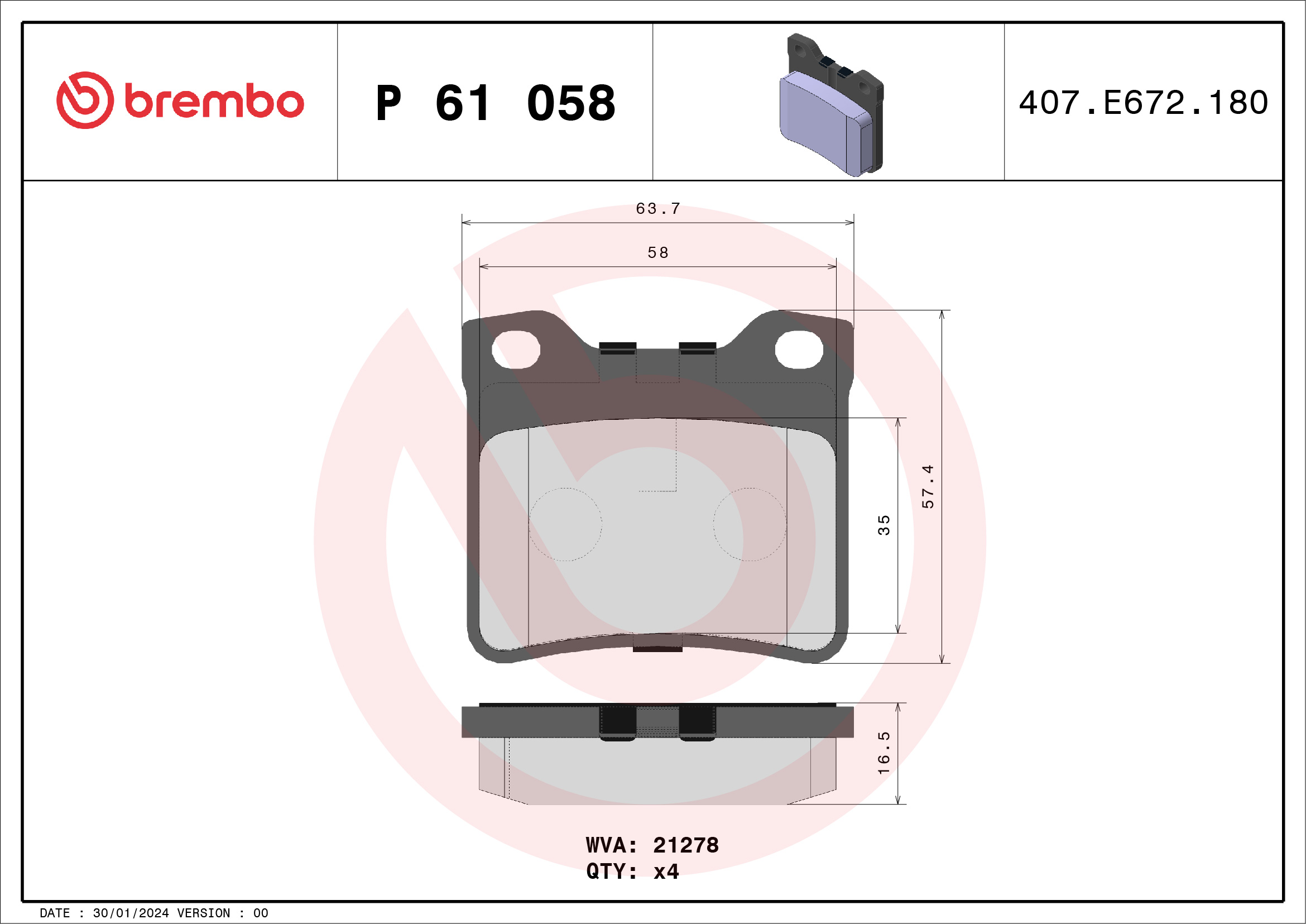Brake Pad Set, disc brake - P 61 058 BREMBO