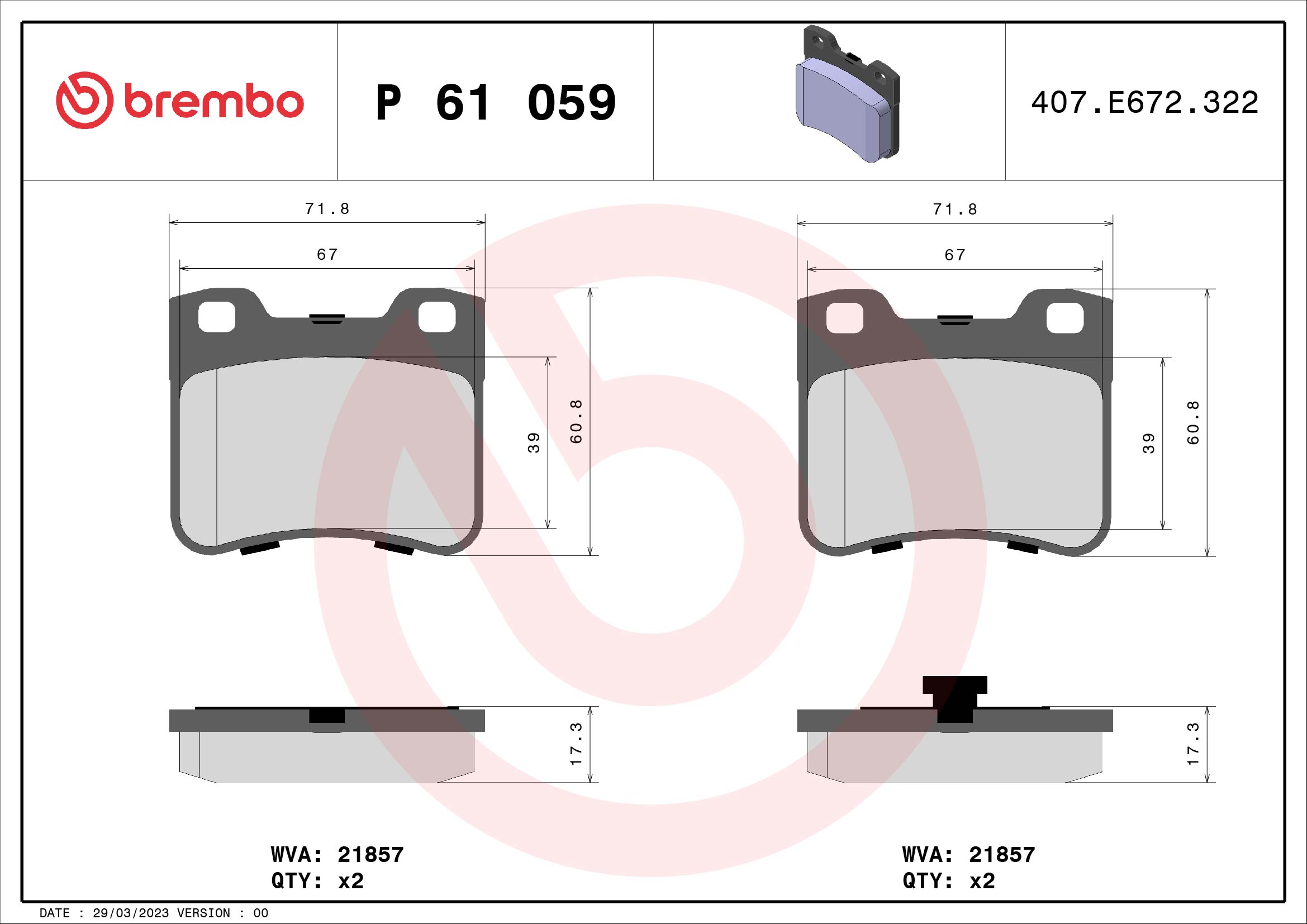 stabdžių trinkelių rinkinys, diskinis stabdys - P 61 059 BREMBO