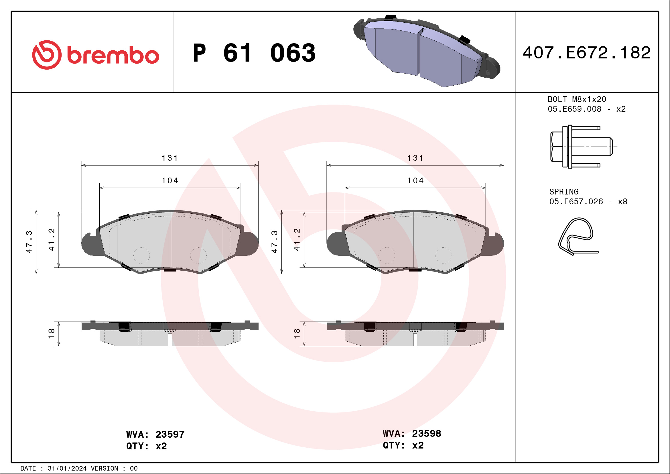 Комплект тормозных колодок, дисковый тормоз - P 61 063 BREMBO