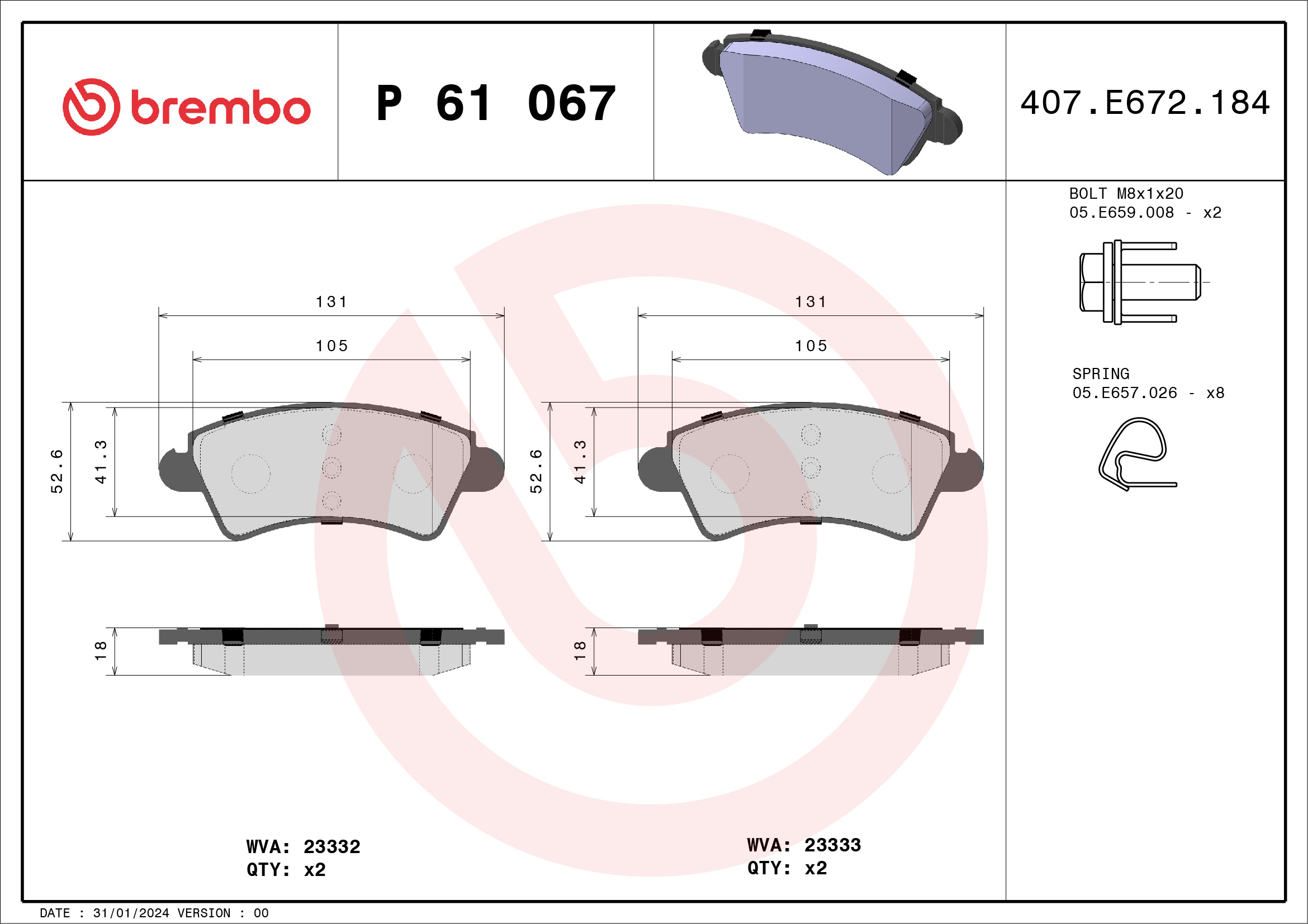 Kit pastiglie freno, Freno a disco - P 61 067 BREMBO