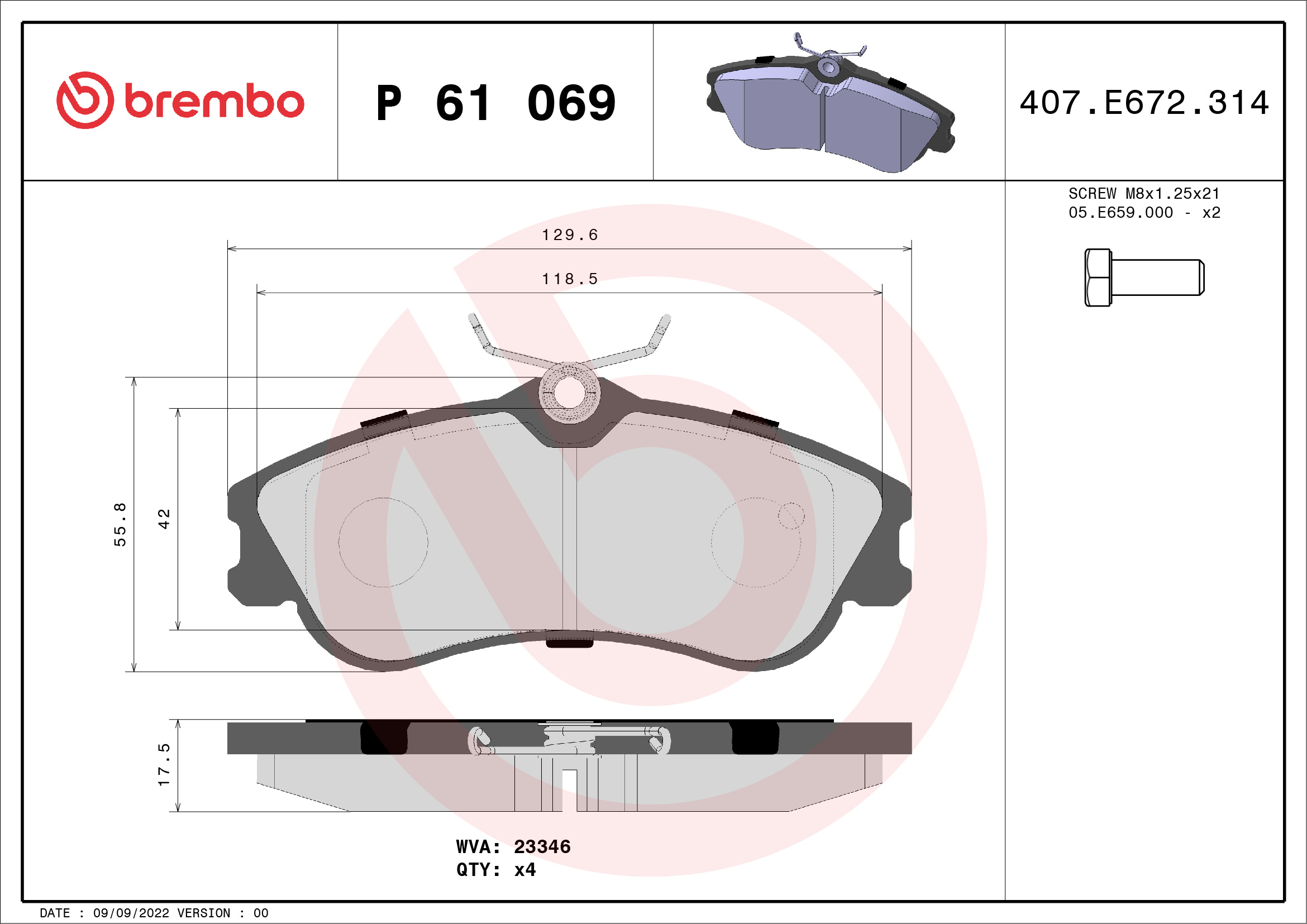 Brake Pad Set, disc brake - P 61 069 BREMBO