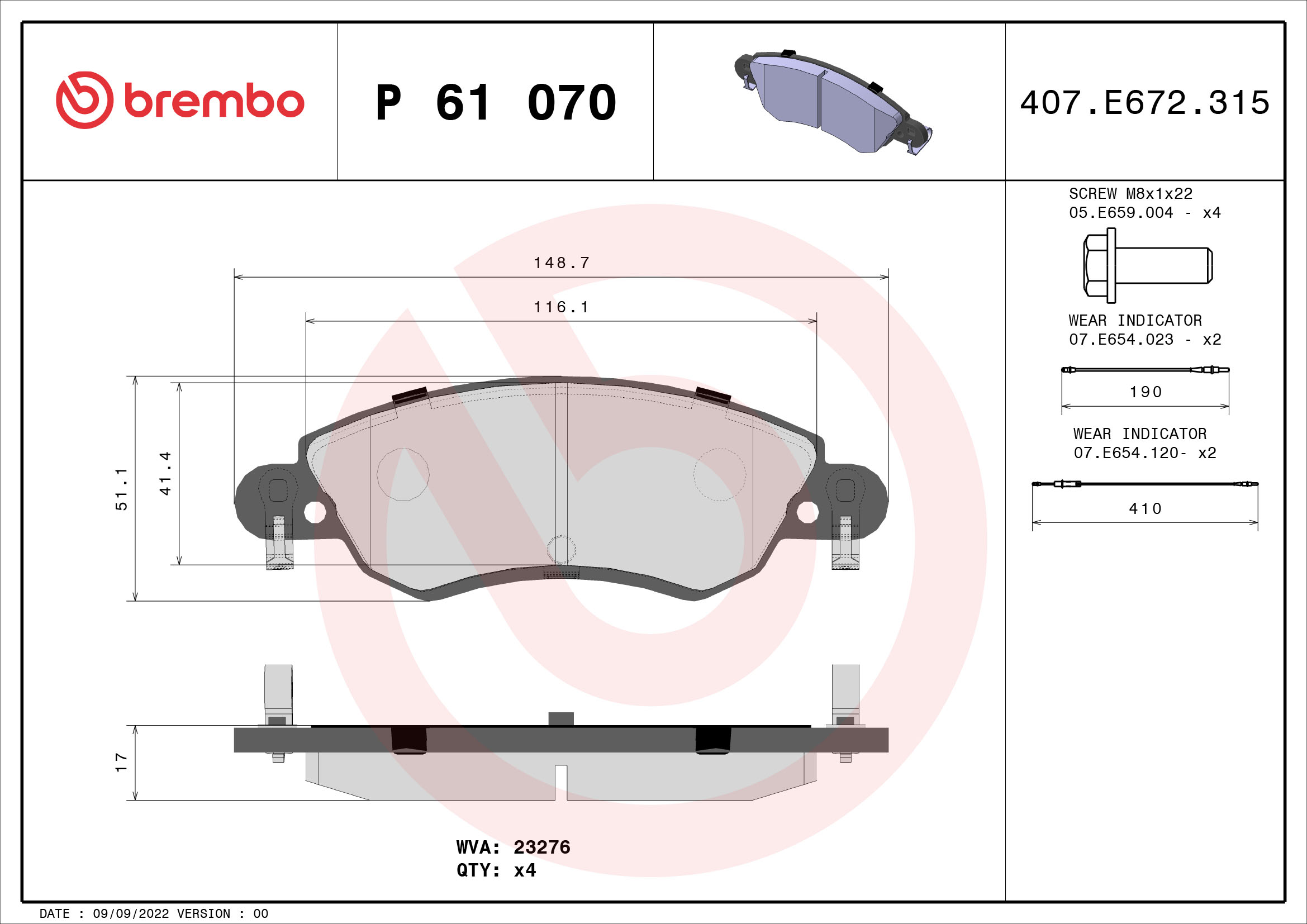 Kit pastiglie freno, Freno a disco - P 61 070 BREMBO