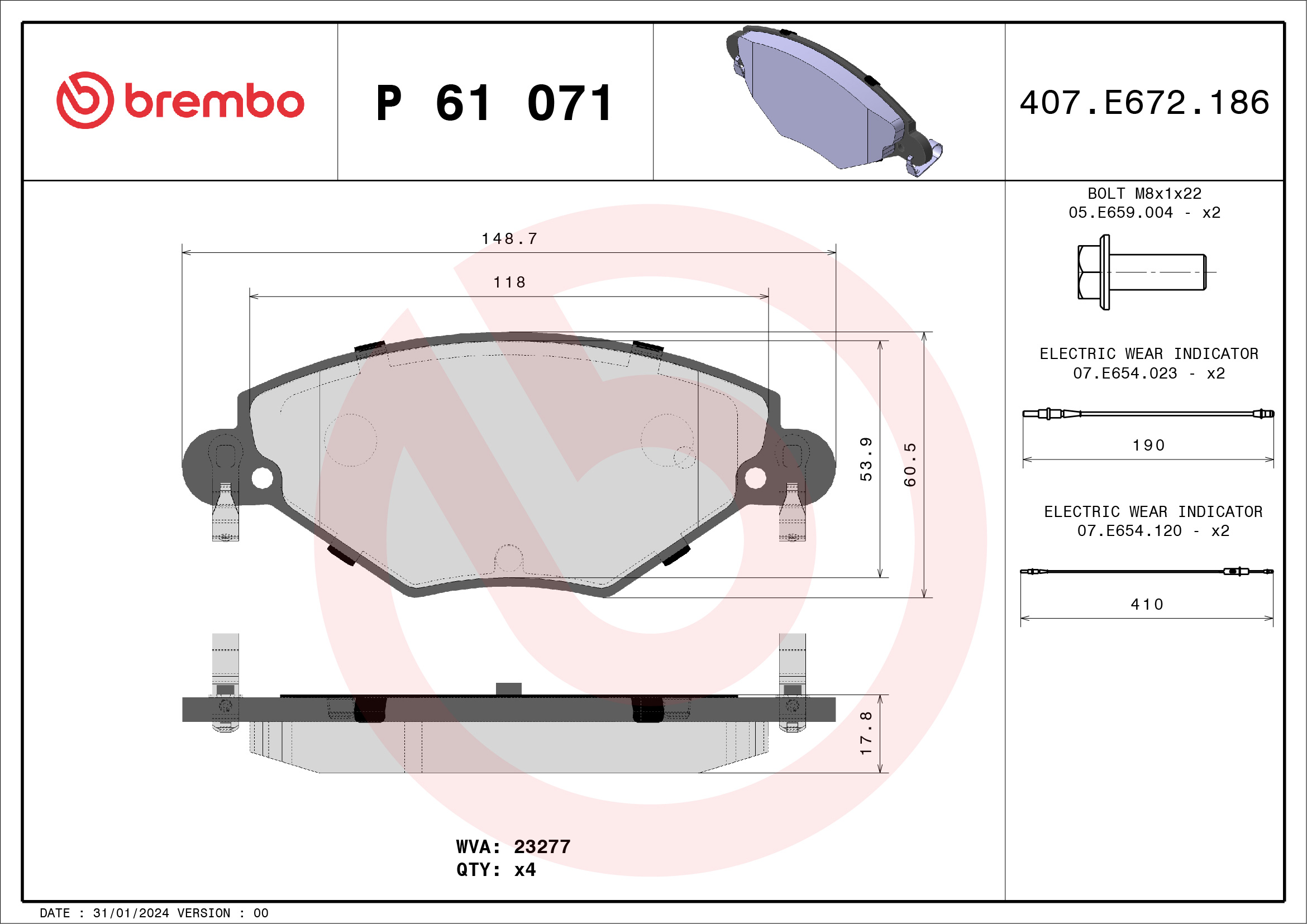 Brake Pad Set, disc brake - P 61 071 BREMBO