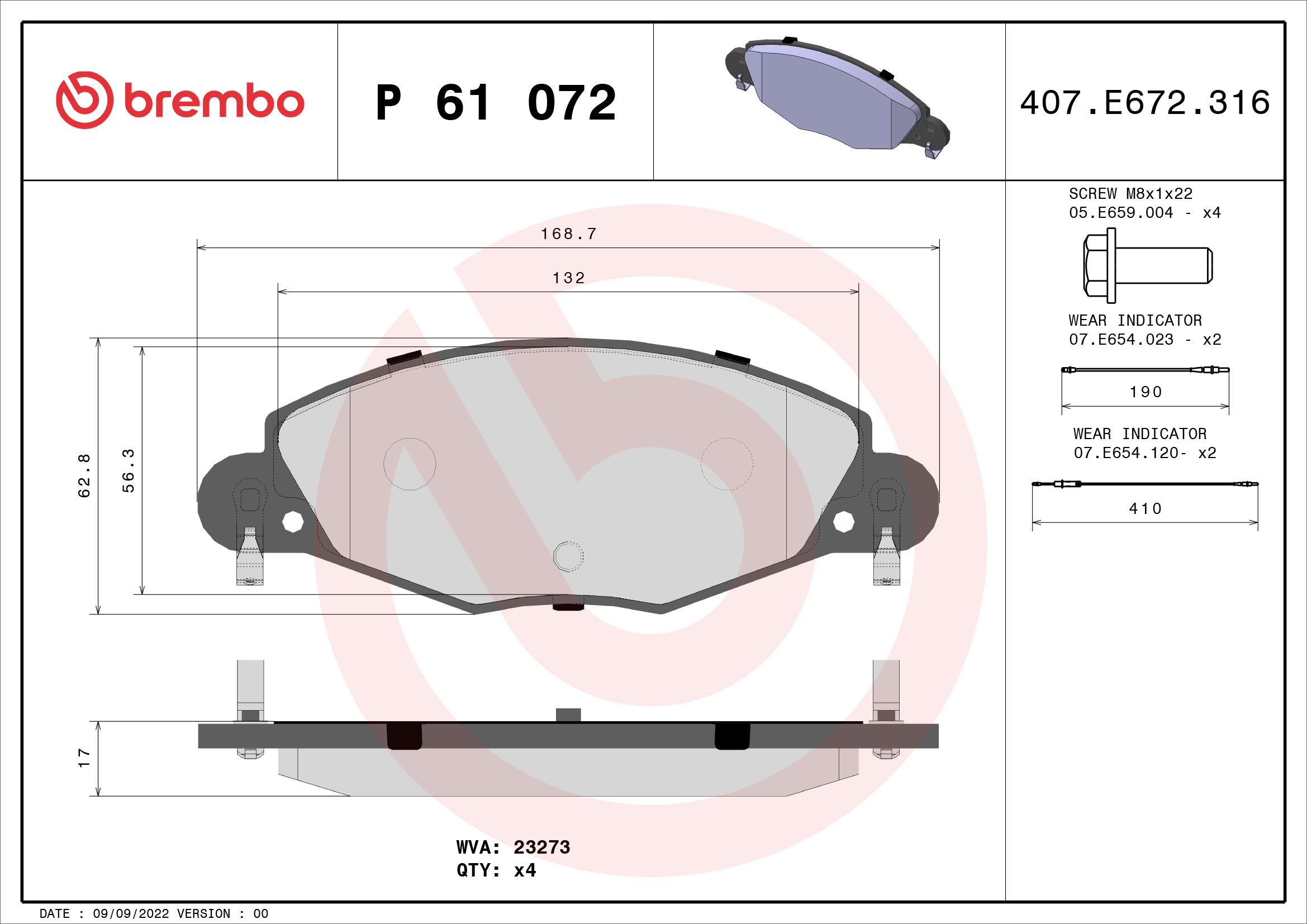 Brake Pad Set, disc brake - P 61 072 BREMBO