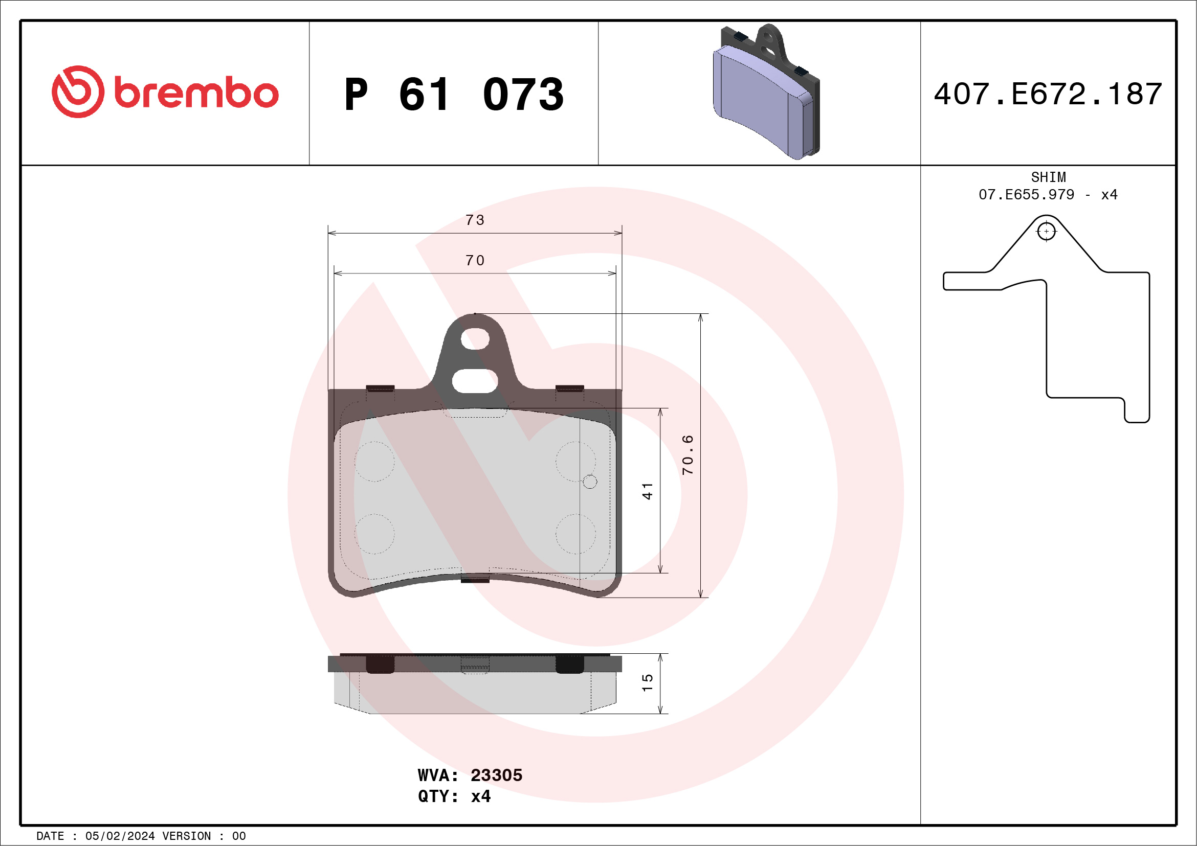 Комплект тормозных колодок, дисковый тормоз - P 61 073 BREMBO
