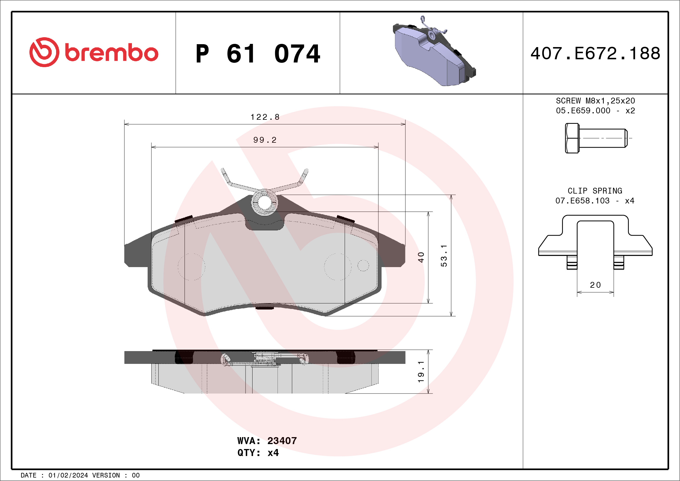 Brake Pad Set, disc brake - P 61 074 BREMBO