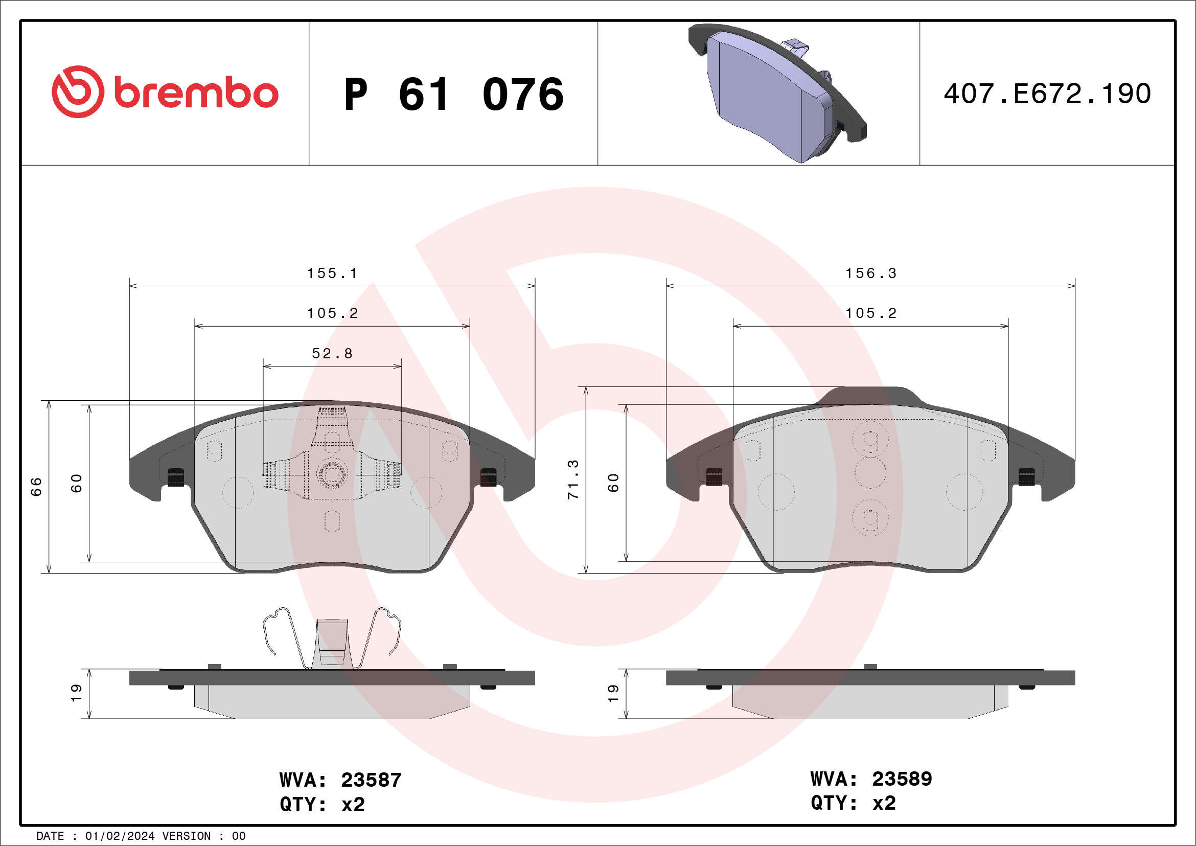 Brake Pad Set, disc brake - P 61 076 BREMBO