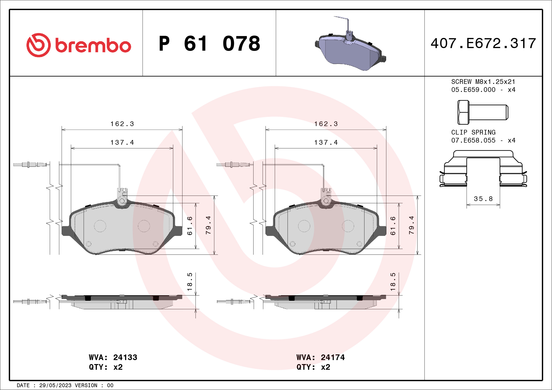 Brake Pad Set, disc brake - P 61 078 BREMBO