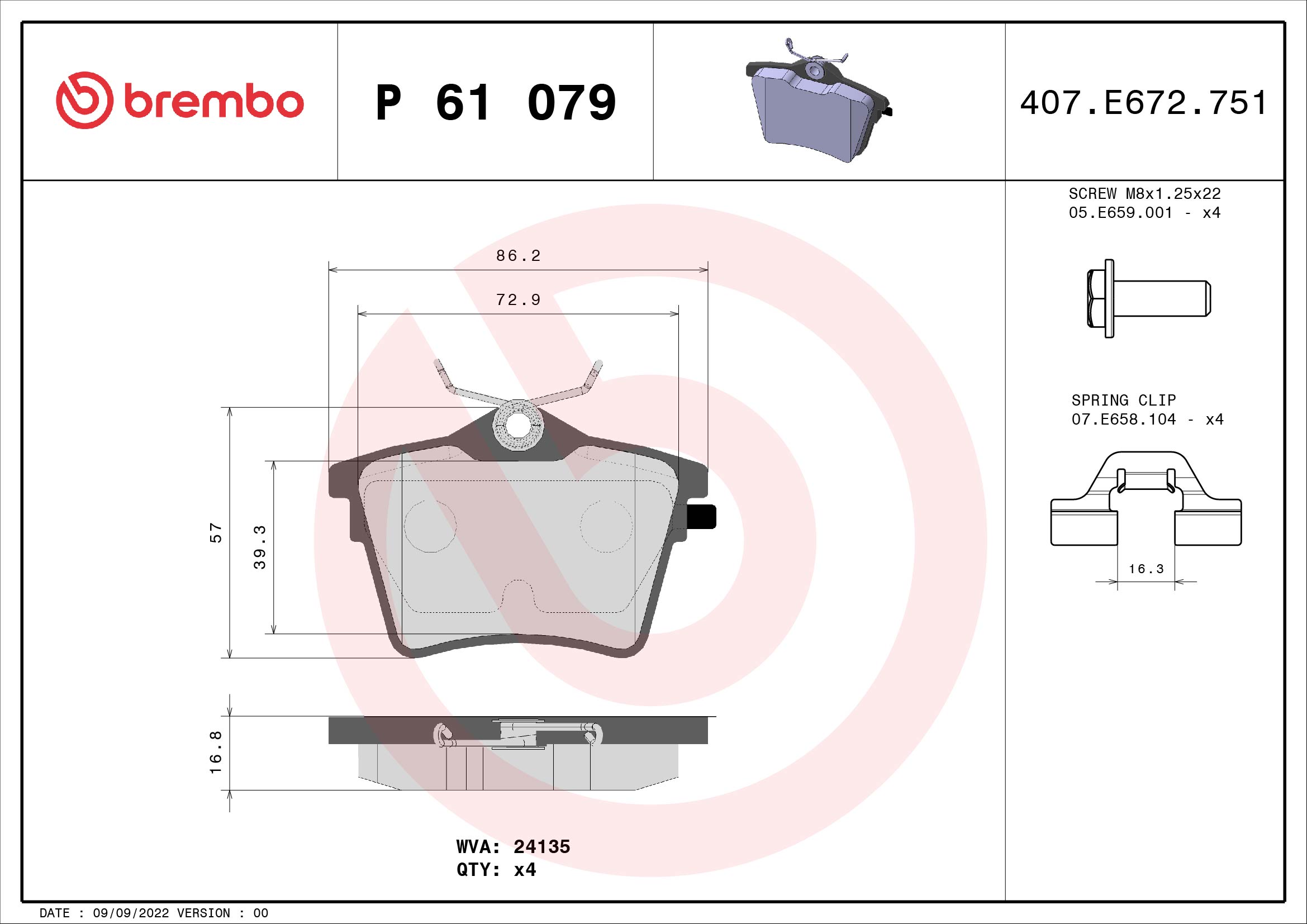 Brake Pad Set, disc brake - P 61 079 BREMBO